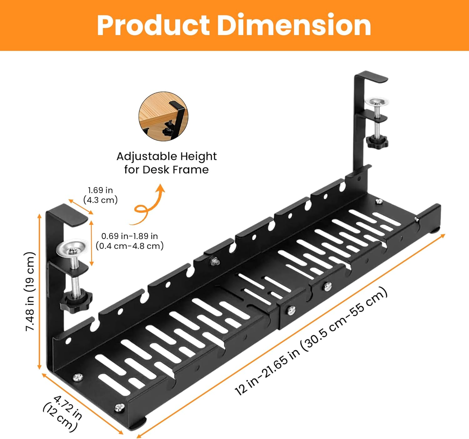 HOMLEY Cable Management Tray, under Desk Cable Organiser, Extendable Desk Organiser, No Drill or Glue, Metal Desk Accessories for Office and Home, Extra Cable Clip and Cable Ties (Black) image number 6