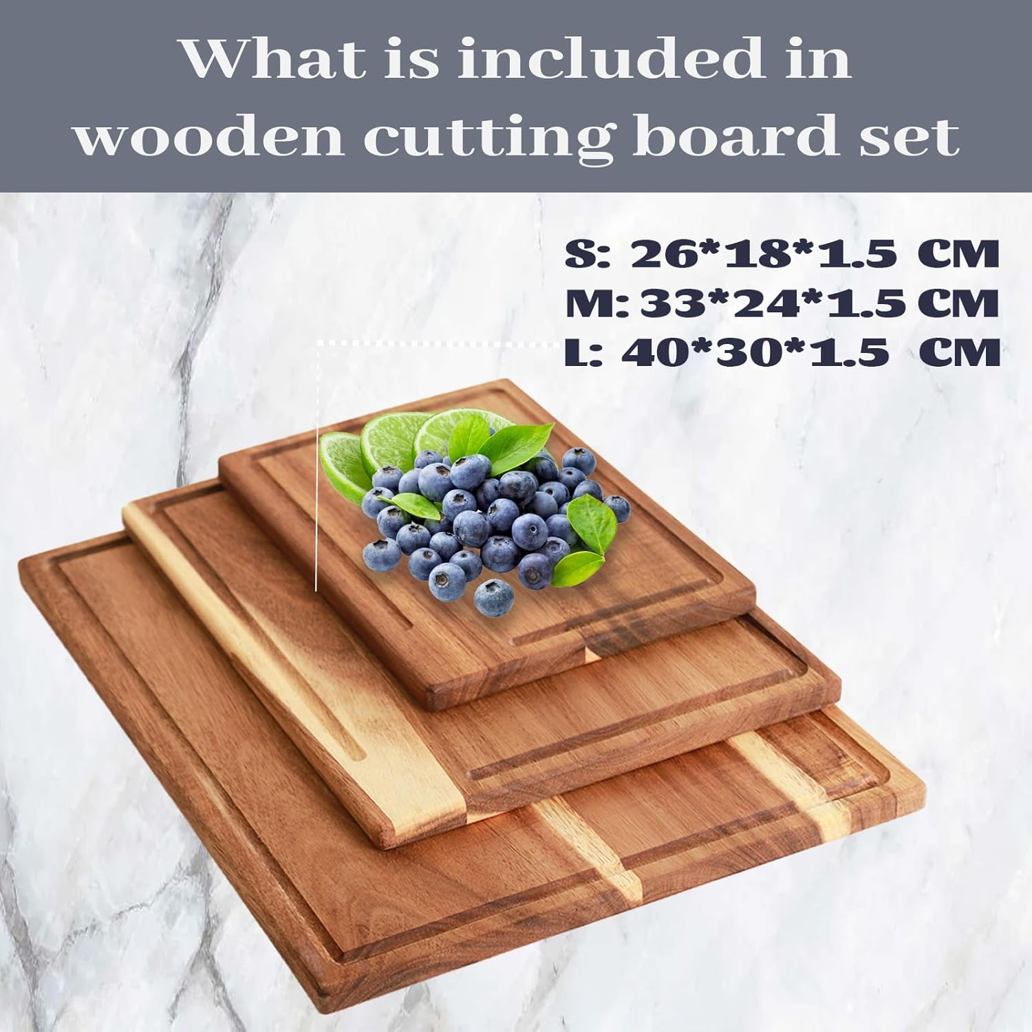 Acacia Wooden Chopping Boards for Kitchen, Cutting Board Set of 3, Reversible Wooden Cutting Board Set with Handle, Butcher Block Wooden Trays for Meat, Fruit Vegetable and Cheese