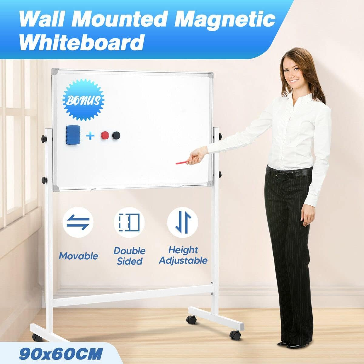 Double Sided Magnetic Whiteboard Interactive Mobile White Board Dry Erase Stand Casters Adjustable Height 90Cmx60Cm - 60Cmx90Cm image number 6