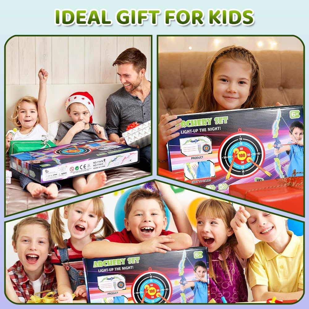 AUTOWT Bow and Arrow Toys with LED Light up Archery, Indoor Outdoor Activity Toy Play Set with 10 Suction Cup Arrows, Target & Quiver for Kids Boys Girls 4 5 6 7 8 9 10+ (Green) - Pink image number 7