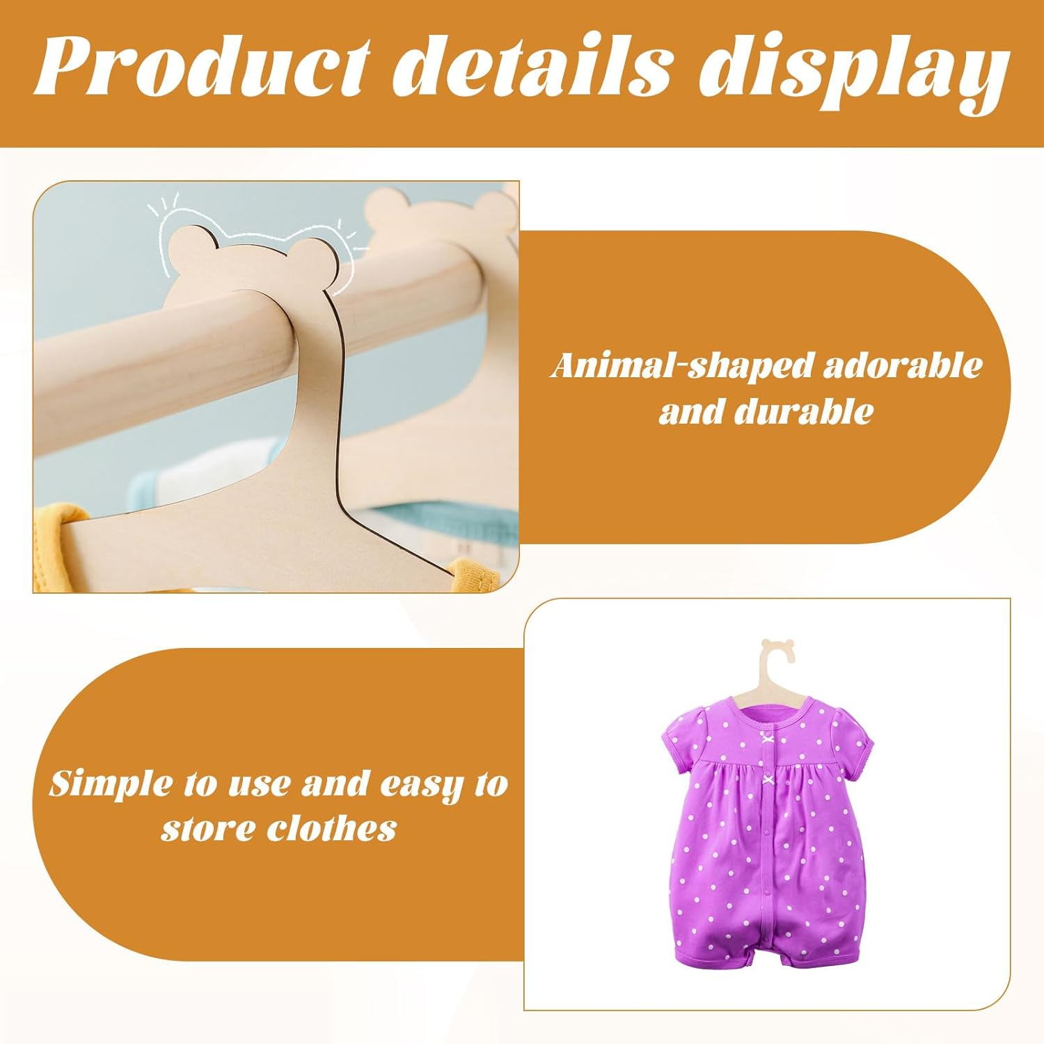 Kids Coat Hangers, 10 Pcs Wooden Kids Hangers, 9 Inch Non-Slip Baby Hangers, Cute Bear Wooden Baby Coat Hangers, Reusable Baby Clothes Hangers for Clothes, Pants, Dresses & Jackets image number 4