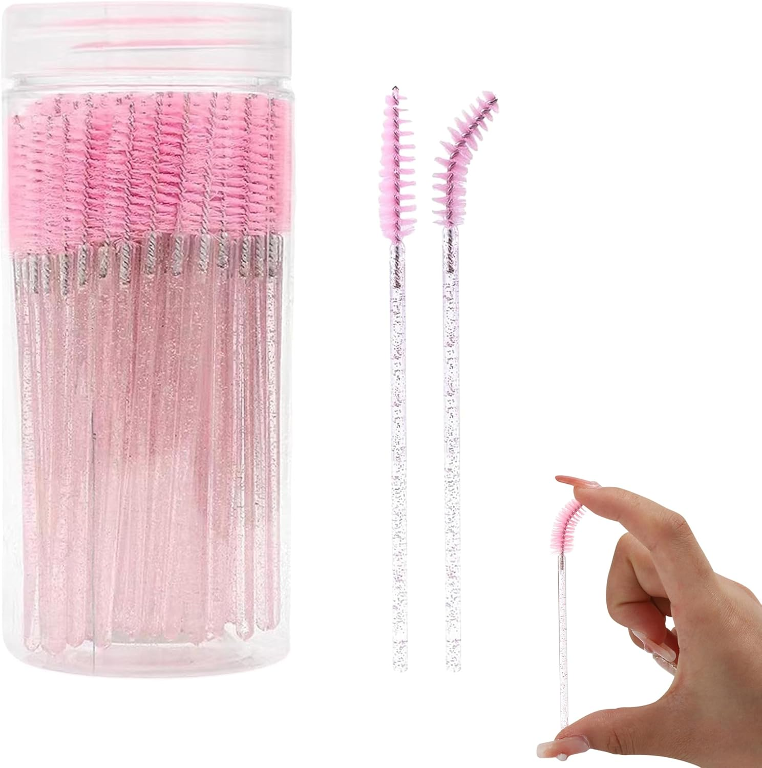 Crystal Eyebrow Spoolies Brush Set (100 Pcs, Pink) with Travel Case - Disposable Mascara Wands for Lash Extensions & Professional Use image number 5