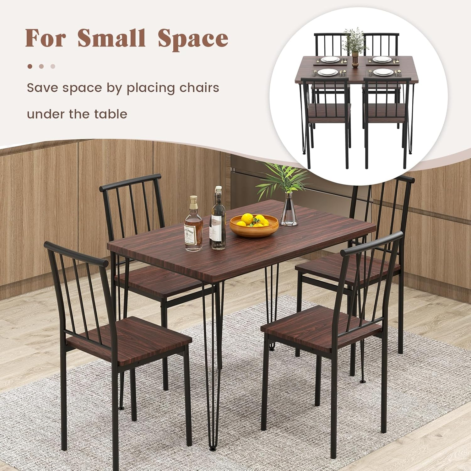Giantex 5-Piece Dining Table Set for Small Space, Kitchen Table Set for 4, Dining Room Table & 4 Chairs with Metal Frame, Rustic Dining Set for Home Restaurant (Walnut) image number 6