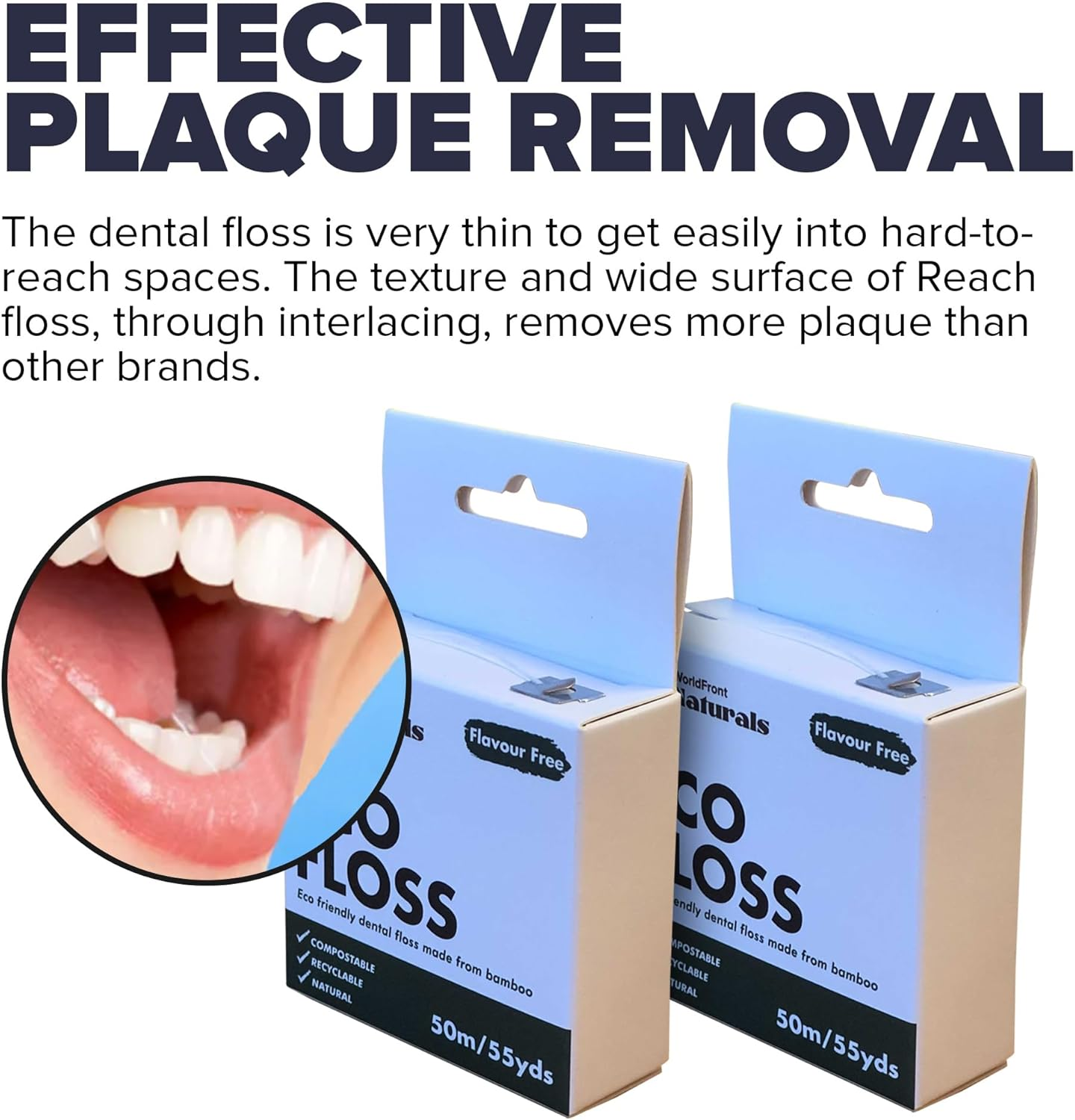 Naturals Dental Floss for Teeth Clean, Removing Plaque & Food Debris - Biodegradable White Unflavored Tooth Flosses Made of Organic Bamboo - Compostable Plastic Free Packaging - 50M image number 1