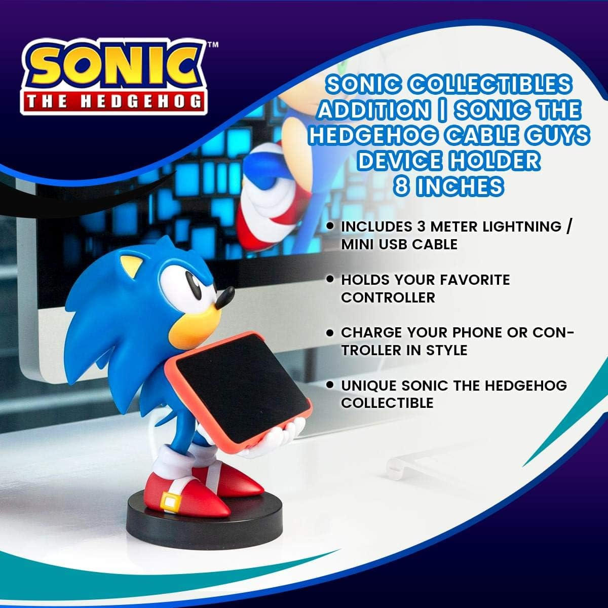 Collectible Sonic the Hedgehog Cable Guy Device Holder - Works with Playstation and Xbox Controllers and All Smartphones - Classic Sonic - Not Machine Specific image number 1