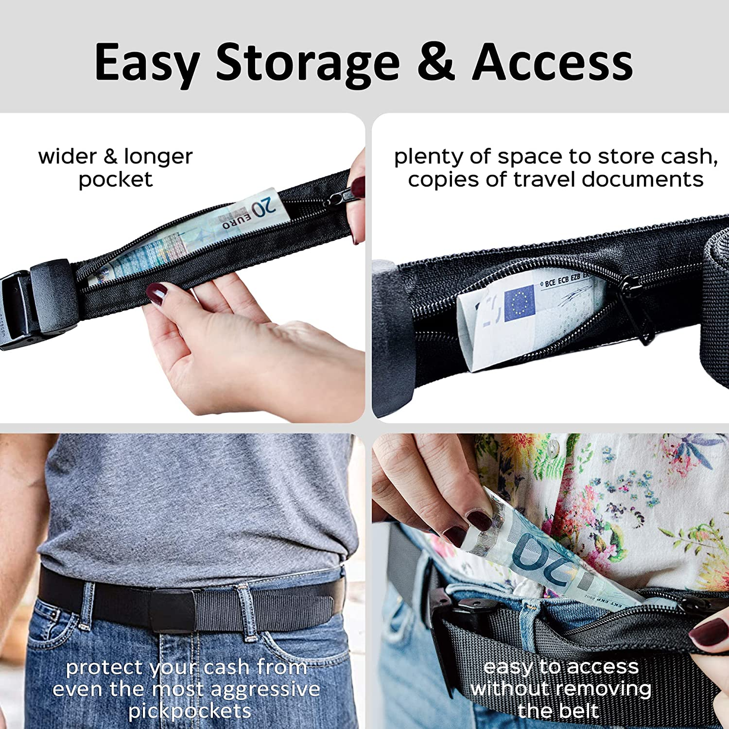 Travel Security Belt with Hidden Money Pocket - Cashsafe Anti-Theft Wallet - Non-Metal Buckle by Roomierlife