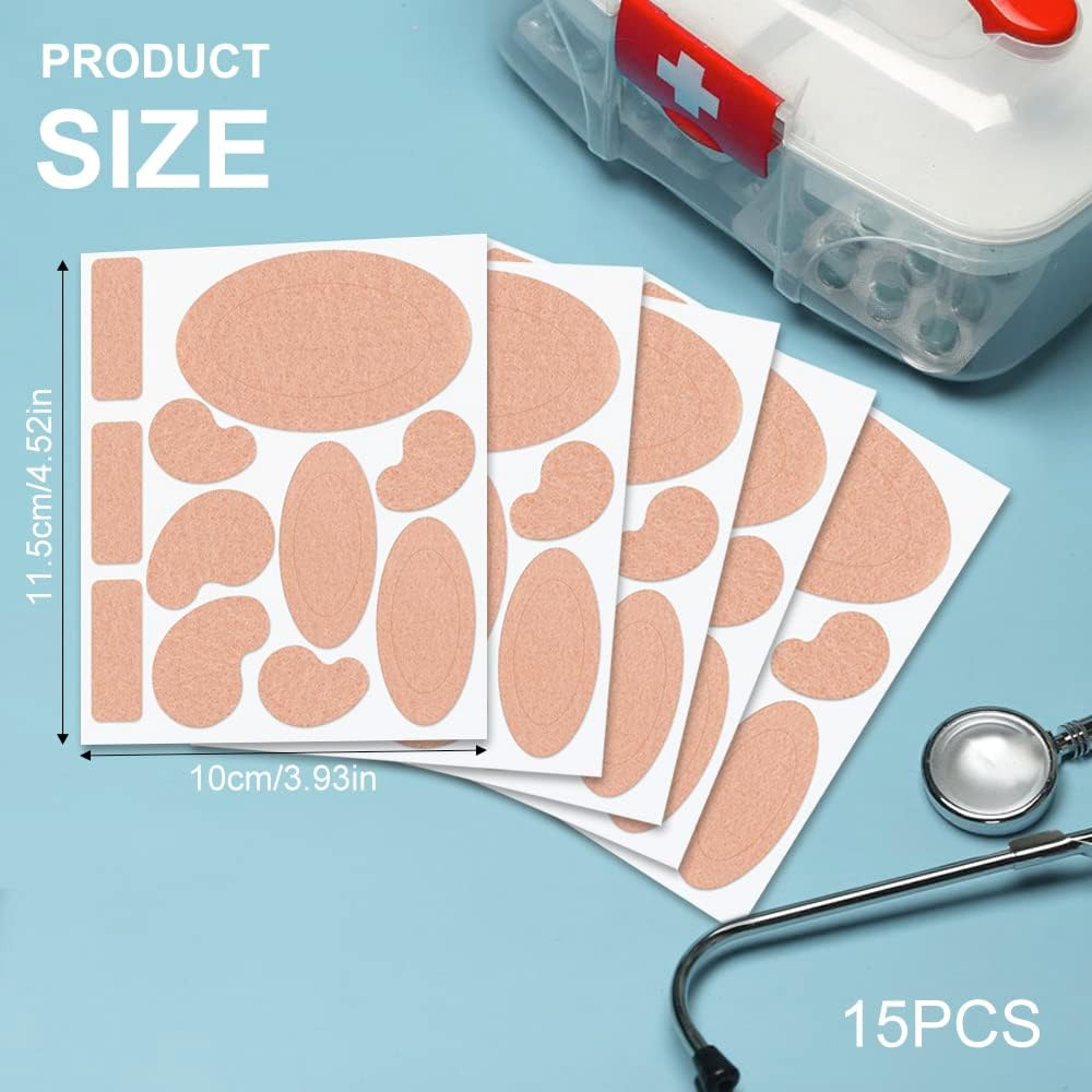 15 Sheets Moleskin Adhesive Pads, Moleskin Tape Flannel Adhesive Pads Heel Stickers, Pre-Cut Moleskin for Blister Reduce Friction Pain on Feet, Toes, Shoes (Skin Color) image number 5