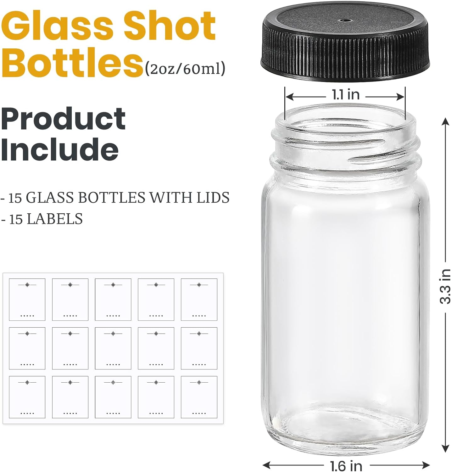 15 Pack 2 Oz Glass Shot Mini Bottles W/ Black Lids & 15 Labels - Small Clear Jar for Ginger, Wellness Shot, Juice, Sample, Whiskey - Travel Essentials - Wide Mouth, Leakproof, Dishwasher Safe image number 6