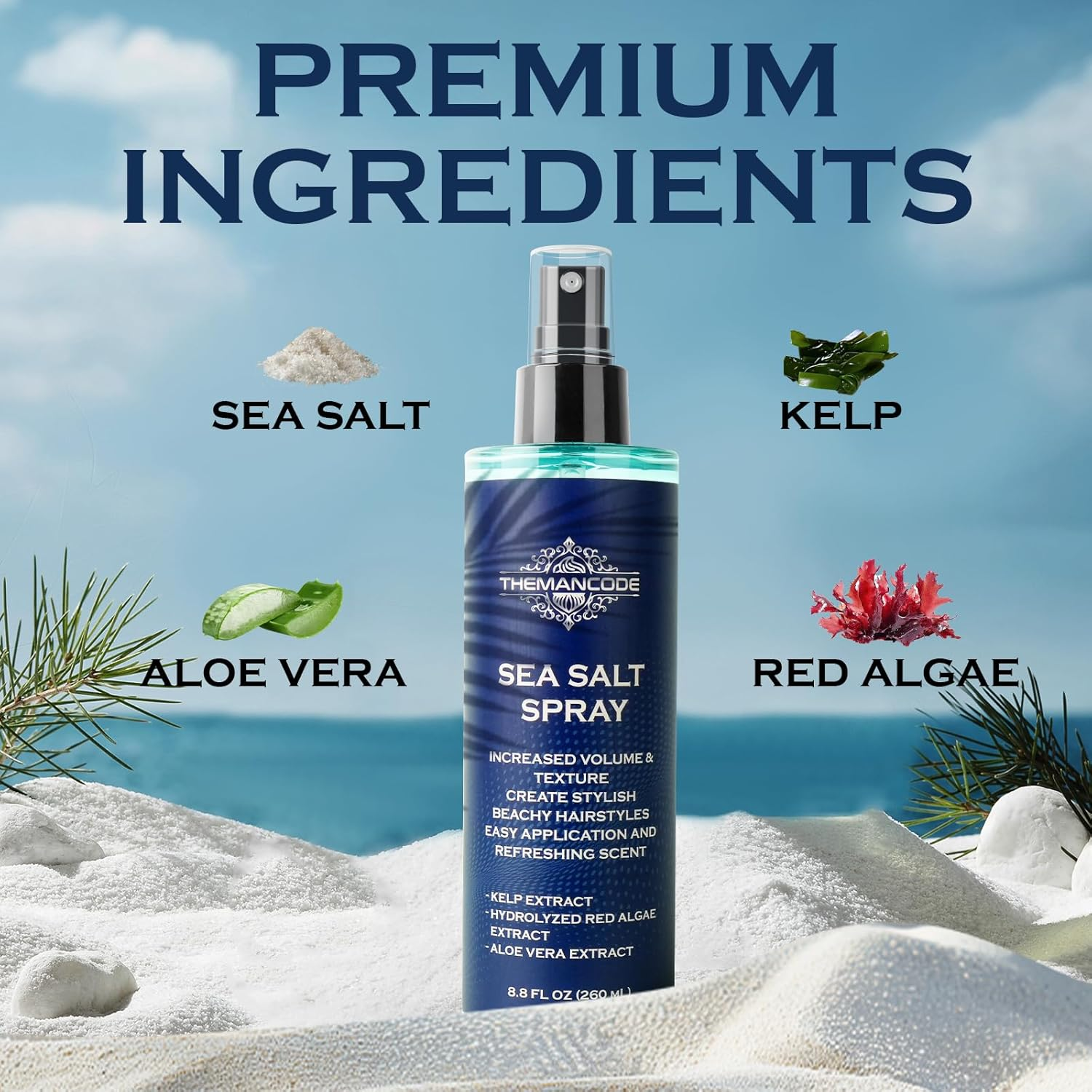 THEMANCODE Sea Salt Spray Men Hair, Beachy Hair Texturizing Spray with Kelp, Red Algae and Aloe Vera, Birthday Gifts for Men, Dad and Son 8.8 Oz image number 4