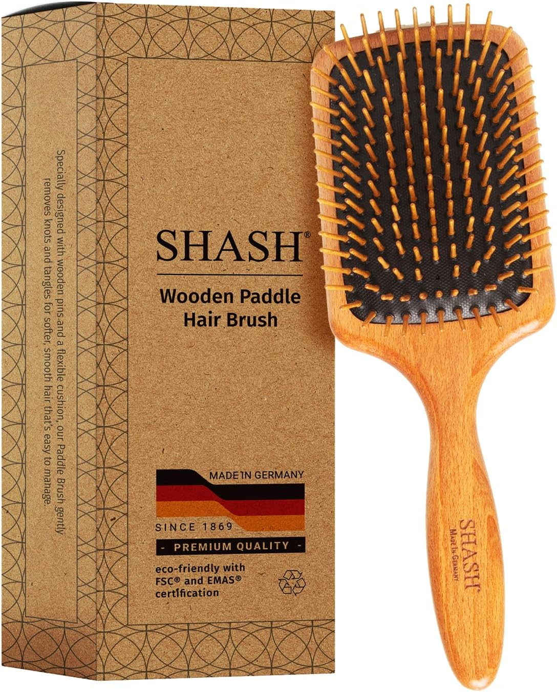 SHASH since 1869 Made in Germany Wooden Paddle Brush - Gently Detangles, Styles, Conditions Hair with Minimal Frizz and Breakage - Safe for All Hair Types, Wet or Dry - Eco-Sourced Wood image number 1