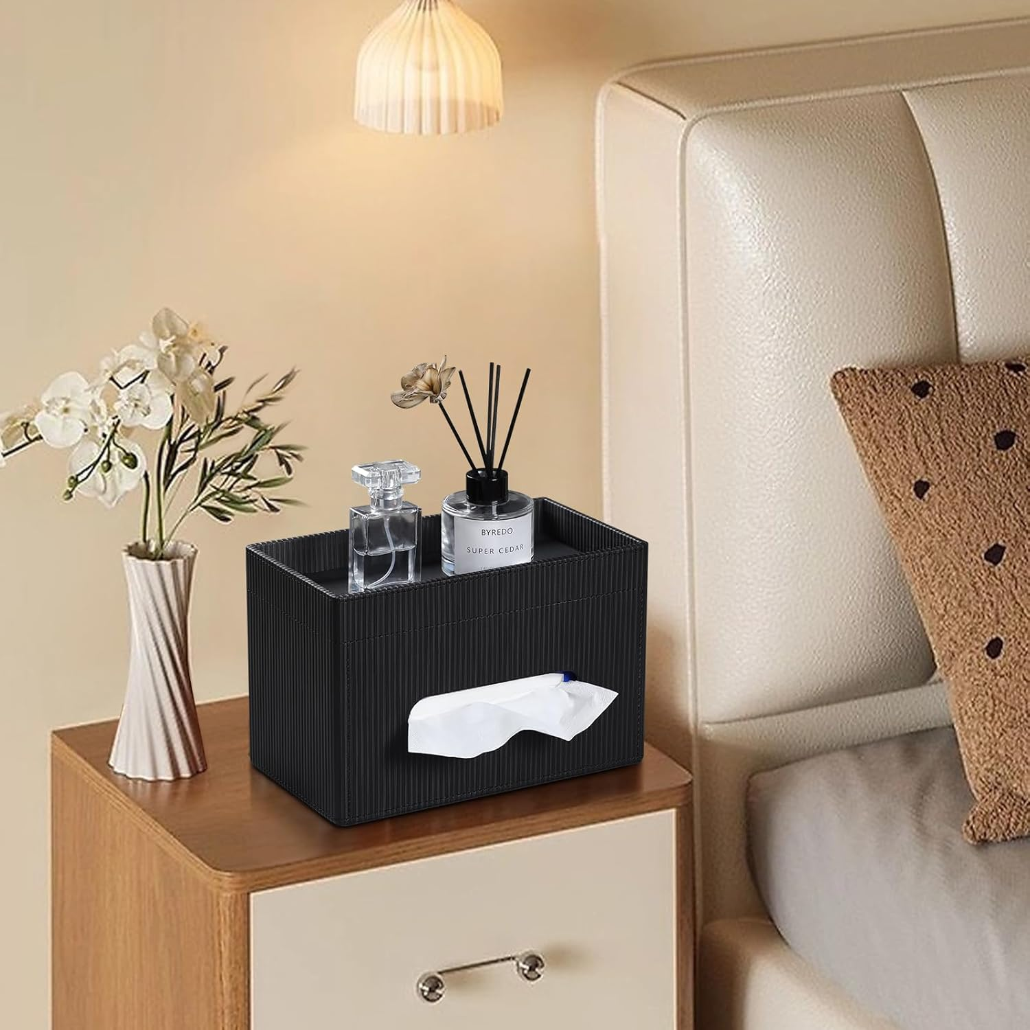 Cretkhp Rectangular Tissue Box Cover with Storage Tray, PU Leather Tissue Box Holder for Bathroom Vanity Countertop Night Stands Bedroom Office Desk, Stylish Tissue Holder Decorative Organizer (Black) - White image number 2