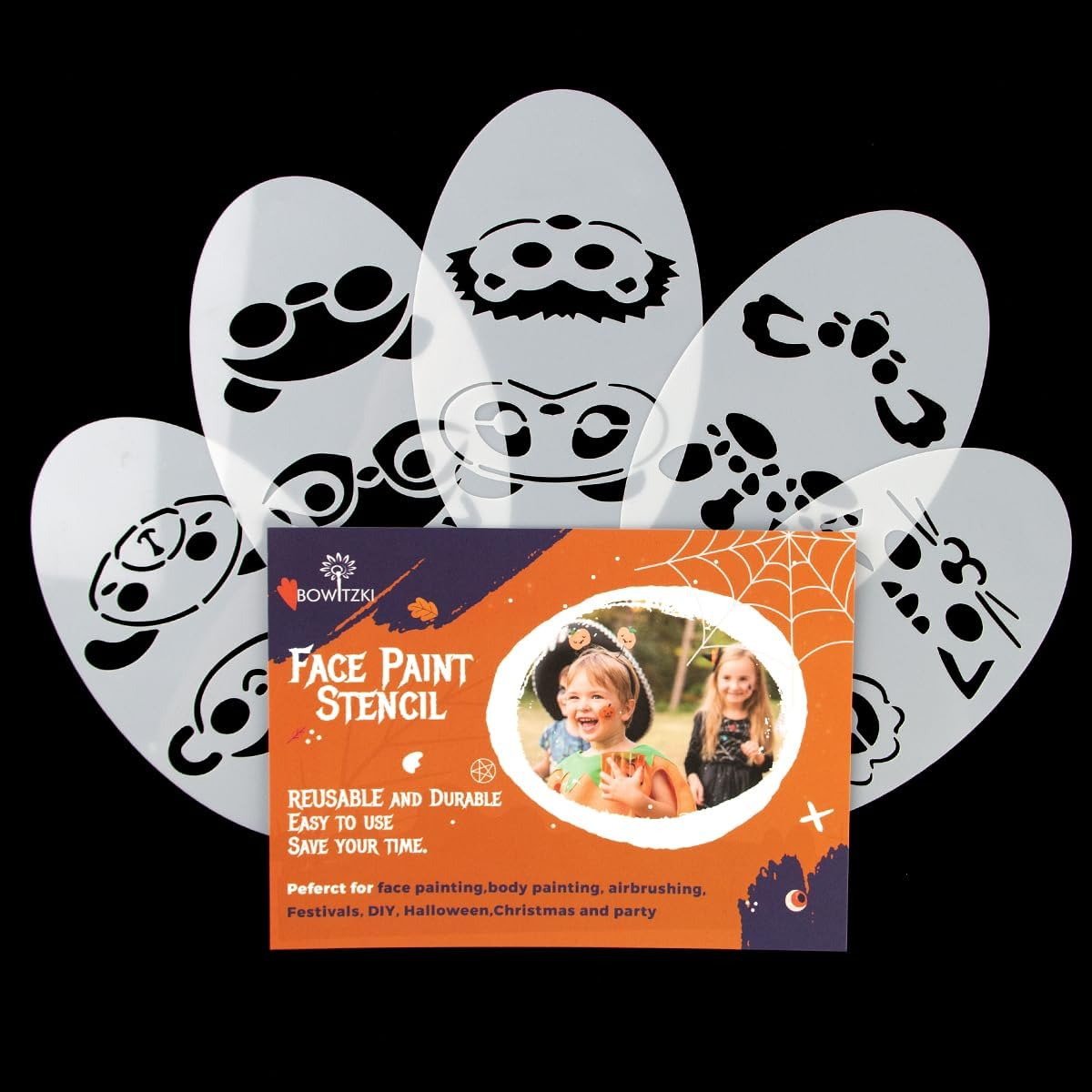 Bowitzki 5Pcs Reusable Face Paint Stencils for Body Art Painting Halloween Party Makeup Temporary Tattoos Stencils (Animal)