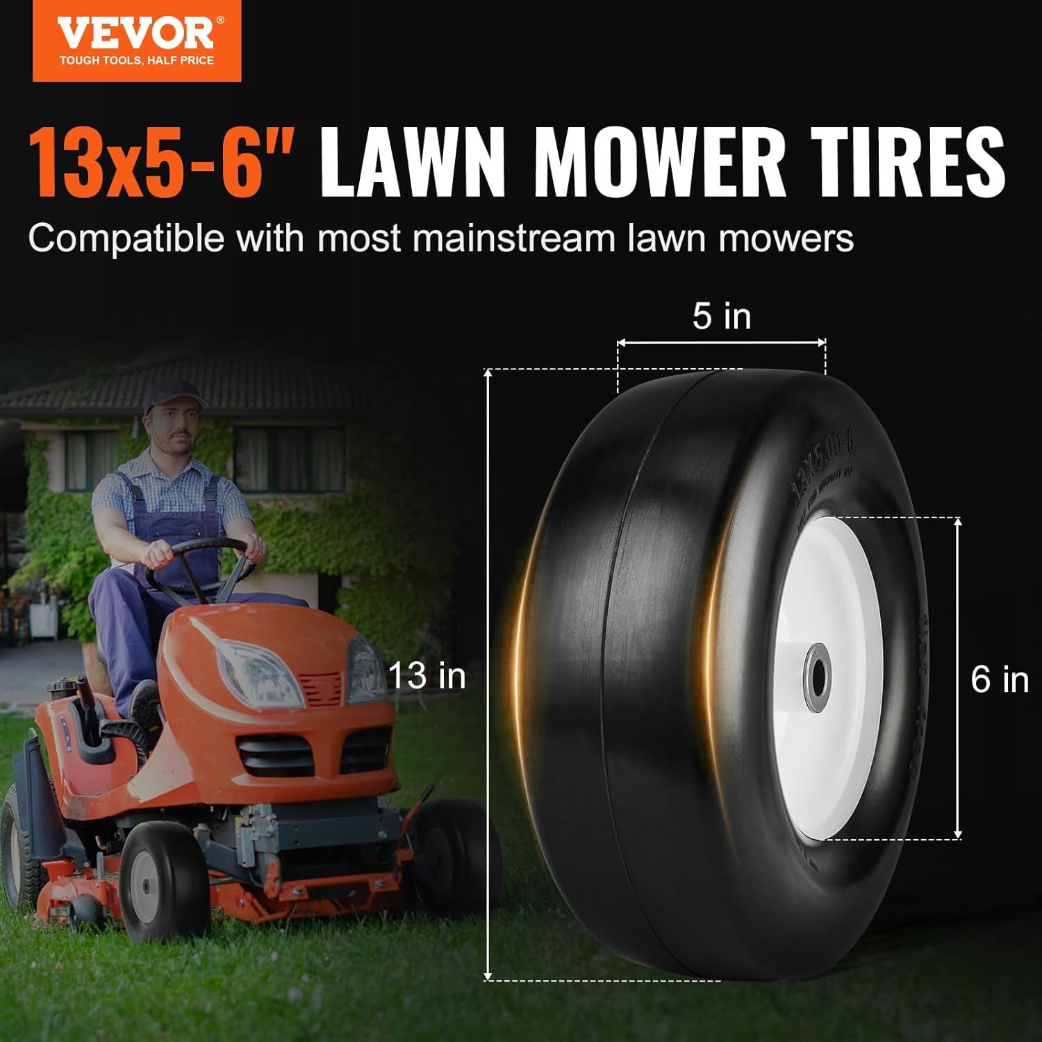 VEVOR Lawn Mower Tires with Rim, 13X5-6, 2-Pack, Flat-Free PU, 450 LBS Load Capacity, Compatible with Lawn Tractors image number 3