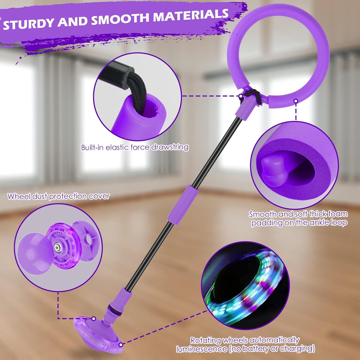 Ankle Skip Ball for Kids, Foldable Skip Ball Toy with Colorful Flash Wheel, outside Toys for Kids, Girls & Boys Age 5 6 7 8 9 10 Years Old (Purple) image number 2