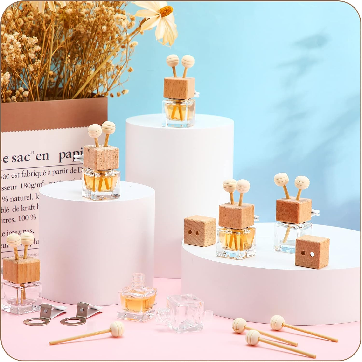 Zubebe 30 Pack 8 Ml Clear Car Diffuser Air Freshener Bottle Empty Essential Oil Auto Glass Perfume with Vent Clip Wooden Caps & Sticks for Scent Fragrance Ornament Decor image number 4