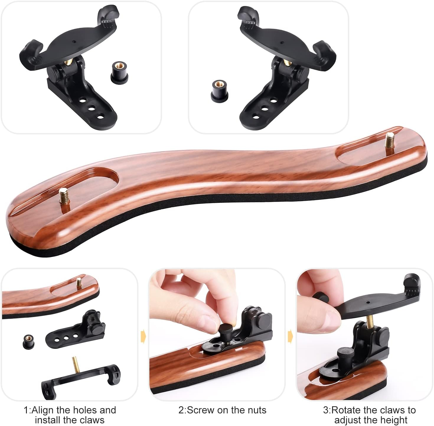 SUEWIO Violin Shoulder Rest for 1/2 Size, [Imitation Wood Grain] Violin Shoulder Rest with Comfortable Foam Pad & Height Adjustable Feet - Classic 3/4-4/4 image number 3