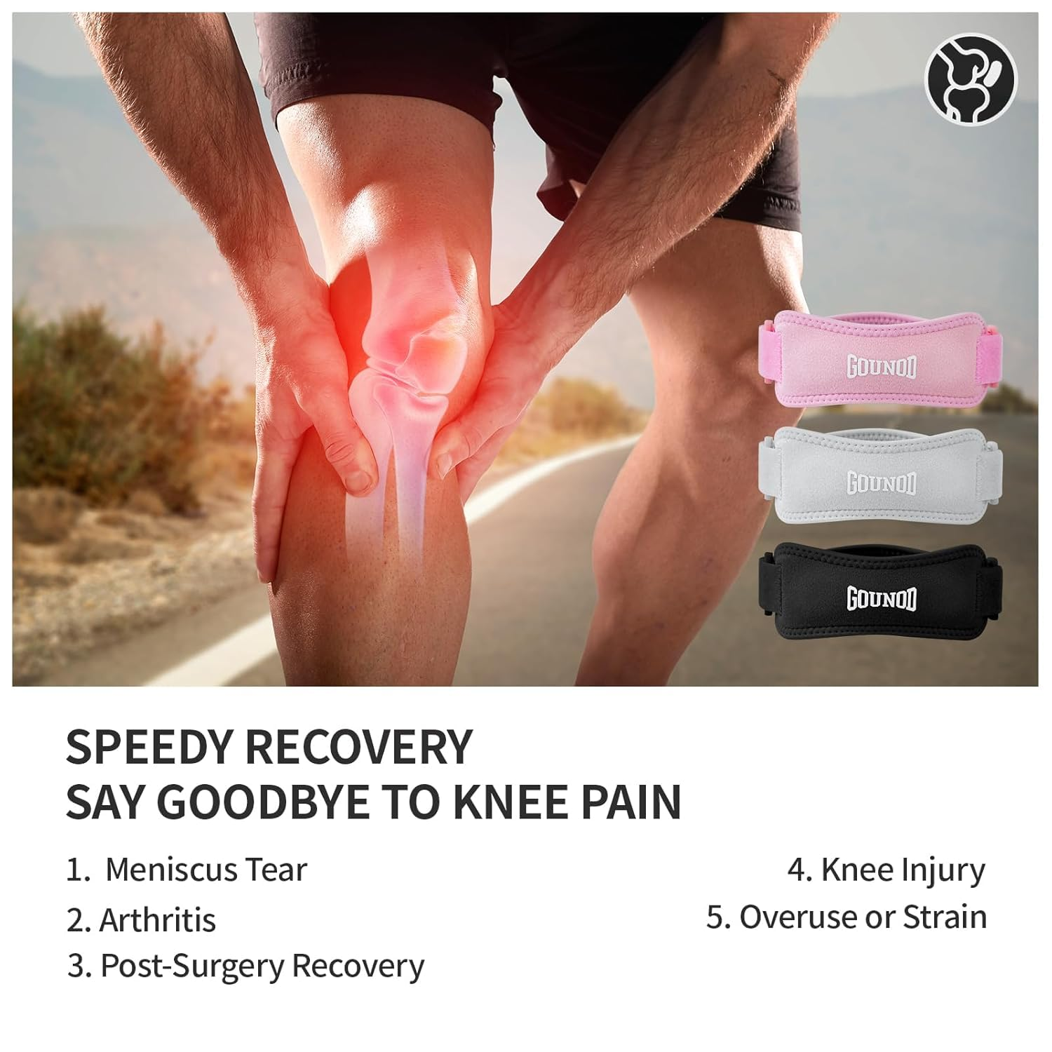 GOUNOD Patella Knee Strap 2 Pack, Knee Brace Support for Knee Pain Relief, Adjustable Patellar Band for Hiking, Volleyball, Soccer, Basketball, Running, Jumpers Knee Squats (Black) image number 6