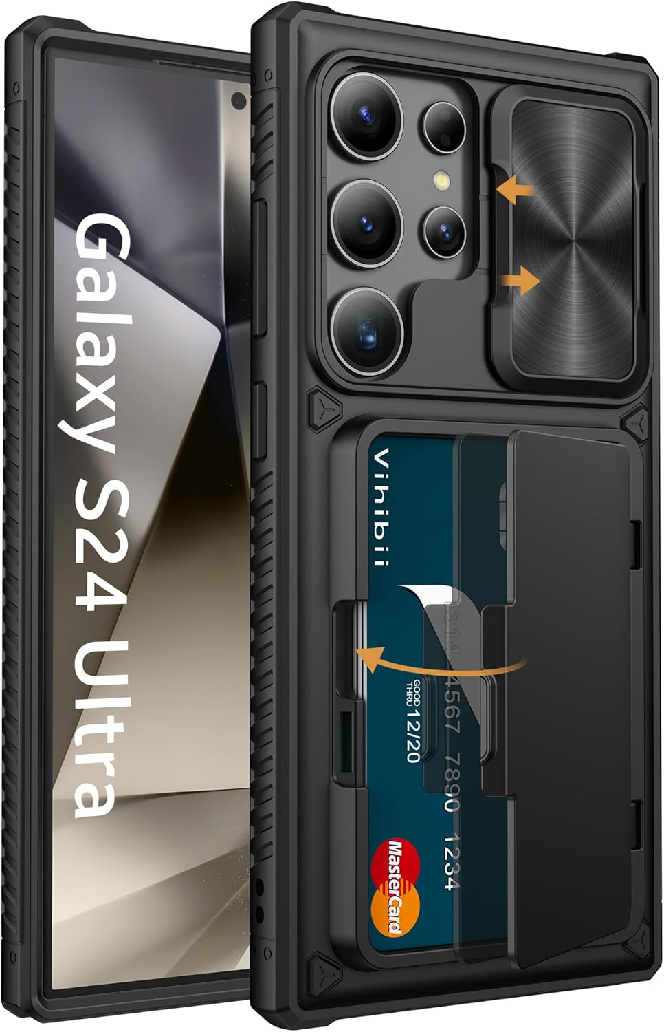 Vihibii for Samsung Galaxy S24 plus Case with Card Holder (4 Cards) & Slide Camera Cover & Kickstand, Shockproof Rugged Hard Back & TPU Soft Edge Wallet Case for Galaxy S24 plus 5G 6.7" 2024, Black