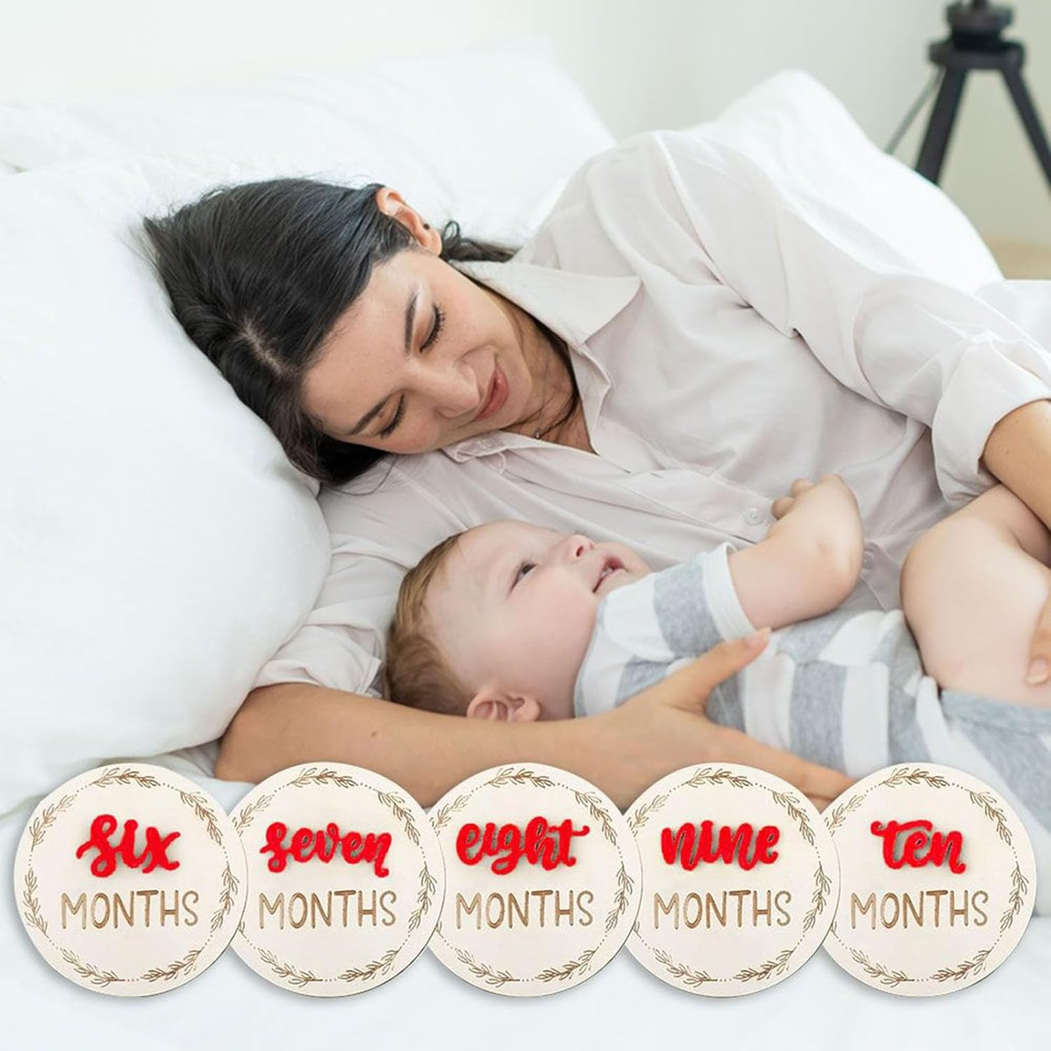 Monthly Baby Development Signs - 3D Monthly Photo Marker Disc 7 Pieces Reusable Wooden Birth Cards Decoration for Baby Photos - Pink image number 5