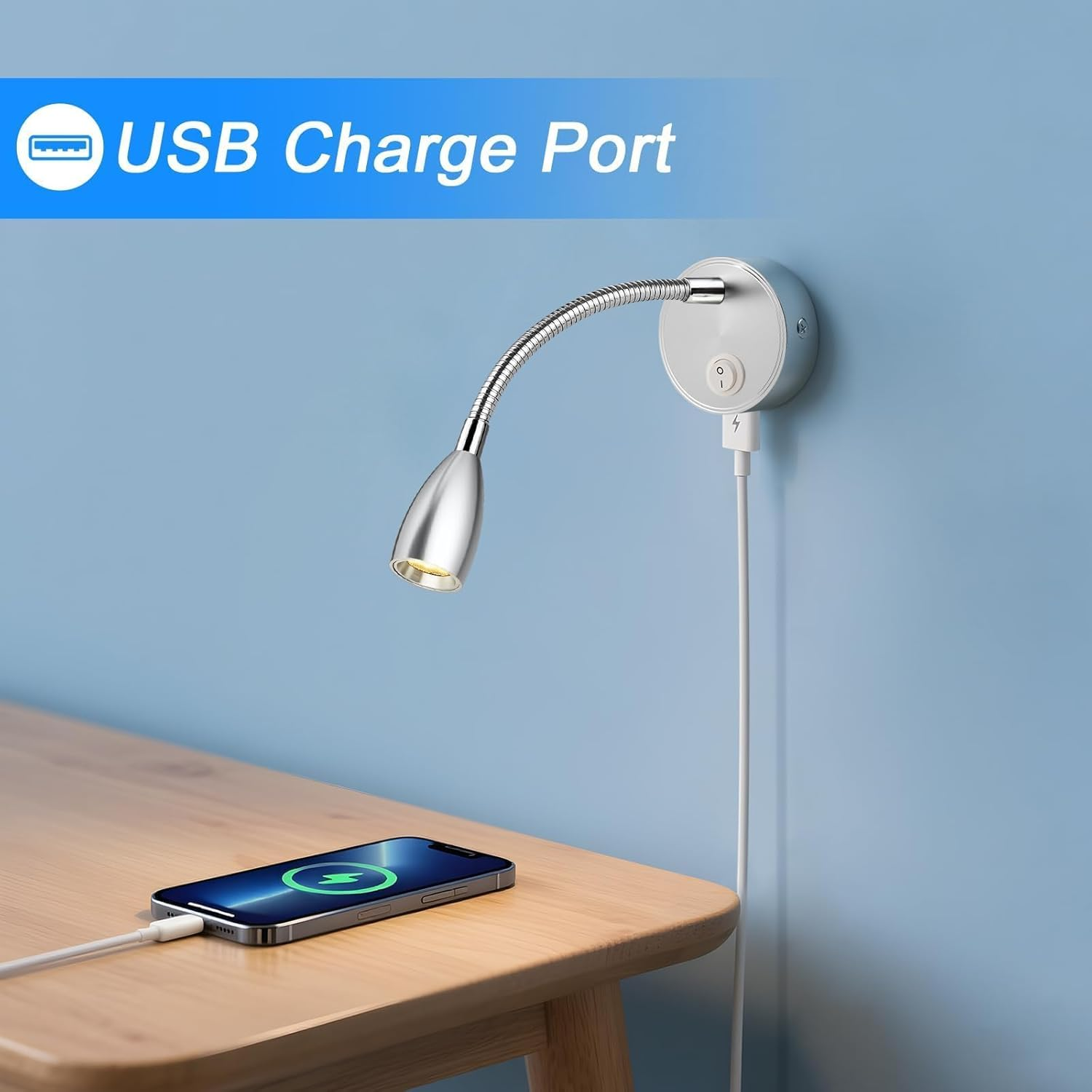 ERWEY 2 LED Reading Lamps, 12 V Motorhome, 3 W, 3000 K Wall Light, Bed Lamp with Flexible Gooseneck and USB Charging Port, DC12-24 V Spot for Boat, Yacht, Car, Van, Caravan, Interior Lighting, Silver image number 5