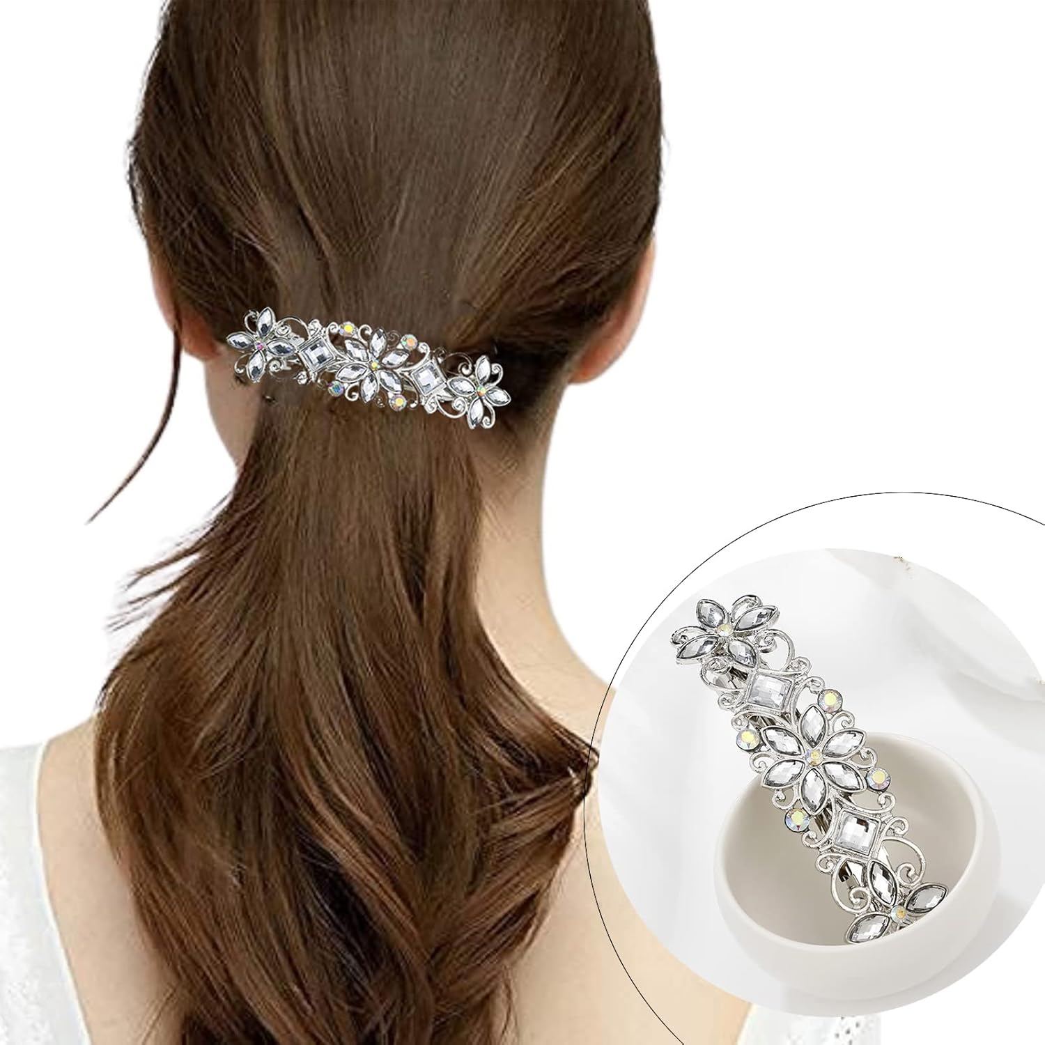Rhinestone Pearl Hair Clips,3Pcs Antique Crystal Barrette Silver Flower Leafy Pins Elegant Jewelry Hair Decorations Accessories Head Pieces for Women Bridal Wedding Party Gift image number 2