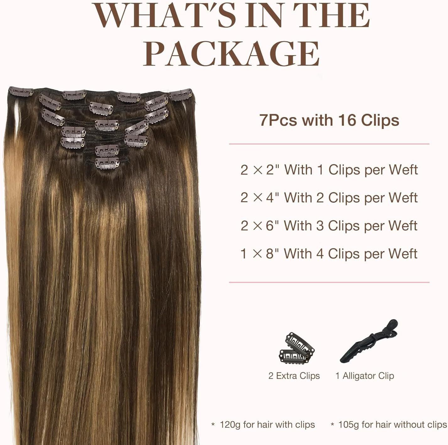 GOO GOO Clip in Hair Extensions Real Human Hair, Hair Extensions Clip for Women, Natural Human Hair, 16Inch 120G 7Pcs, 4/27/4 Balayage Chocolate Brown to Caramel Blonde image number 2