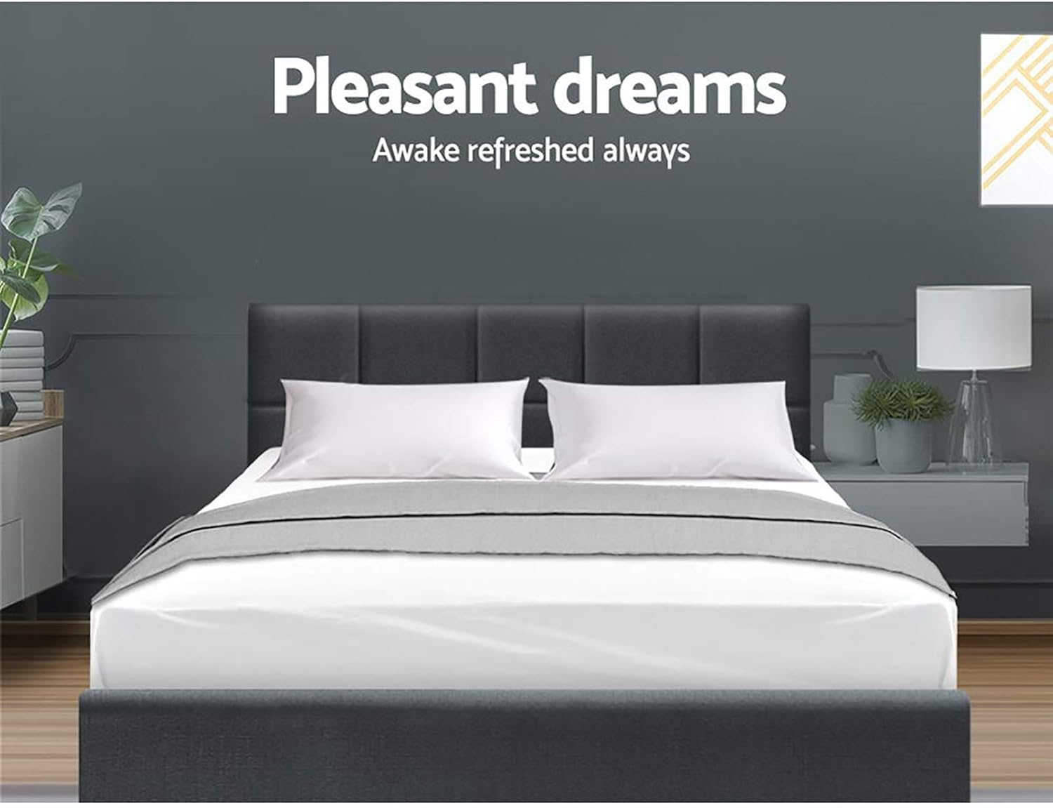 Artiss Queen Bed Frame Platform Checkered Headboard Wooden Beds Base Frames Bedroom Room Decor Home Furniture, Upholstered with Charcoal Faux Linen Fabric + Foam + Wood, Modern Design image number 2