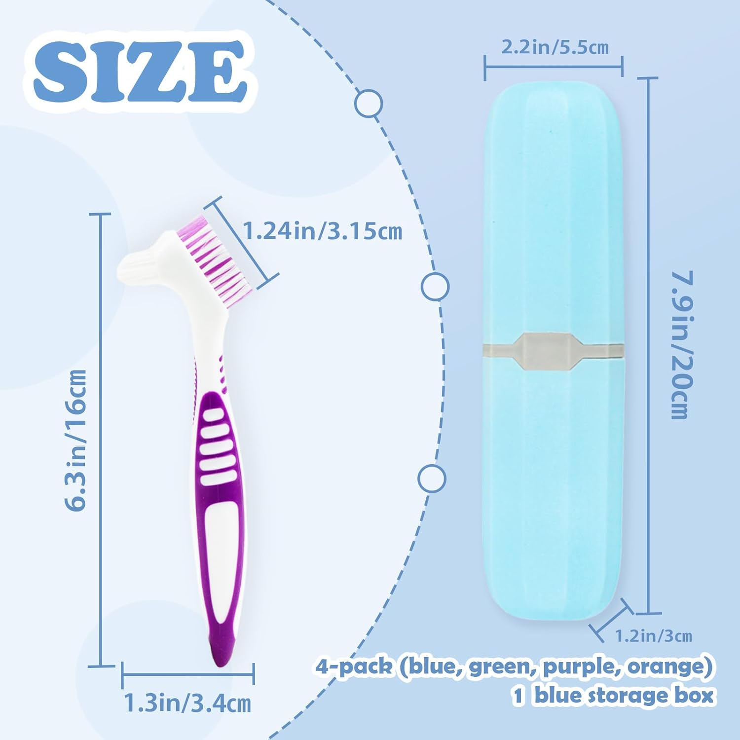 4 Pcs Denture Cleaning Brush and 1 Pcs Storage Case, Portable Denture Toothbrush, Retainer Brush With, Double Sided Toothbrush (4 Colors and Blue) image number 4