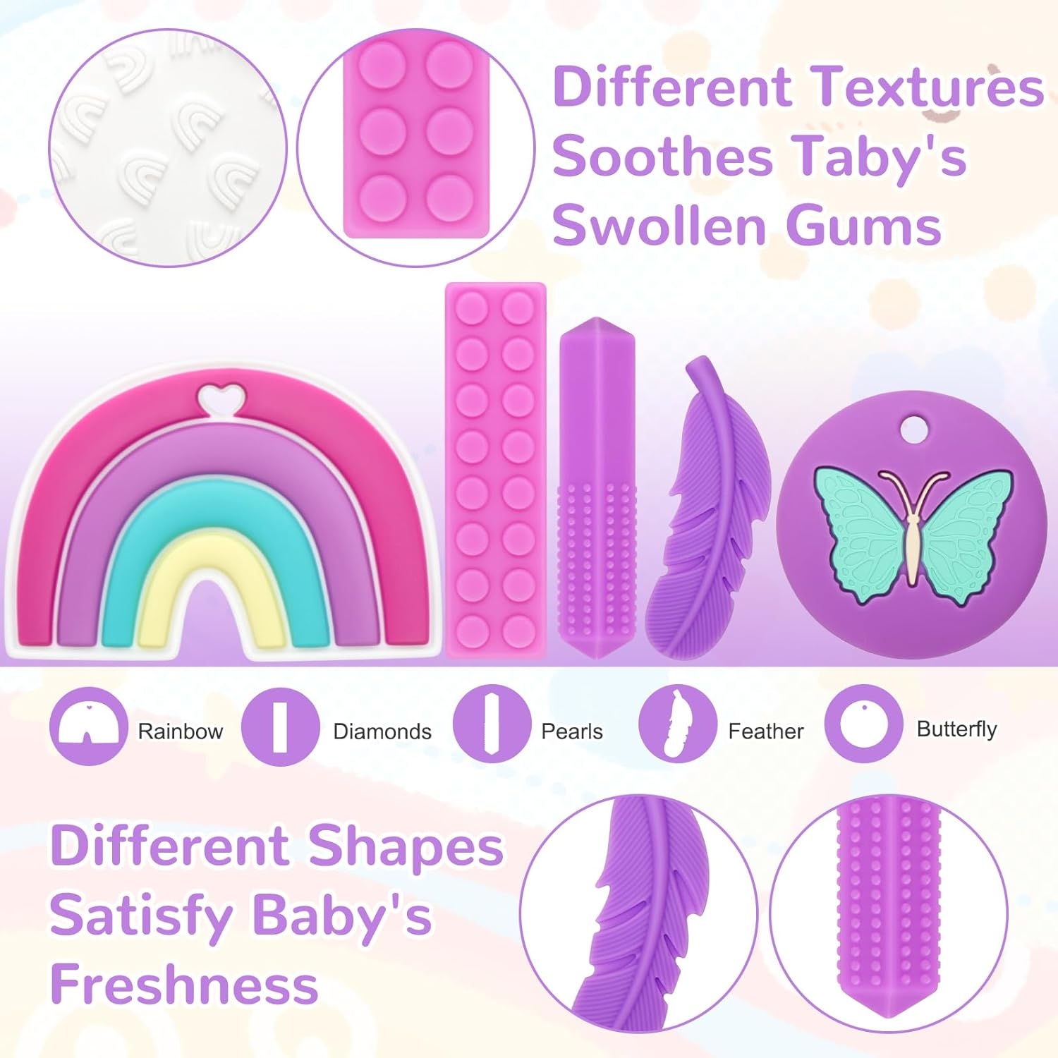 MR.TIMELAG Chew Necklaces for Adults and Babies - Butterfly 5-Piece Set, Bpa-Free Silicone Sensory Chew Necklaces for Anxiety Relief, Easy to Hold, with Massage Blocks to Relieve Teething Pain