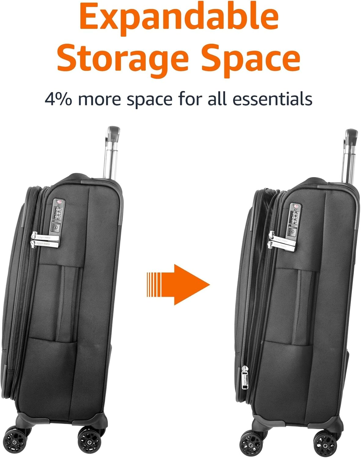 Amazon Basics 58Cm Luggage, Softside Suitcase with TSA Lock, 8 Spinner Wheels, Front Exterior Pocket, 3 Interior Pockets for Dry and Damp Clothes/Towels Separately, Black image number 6