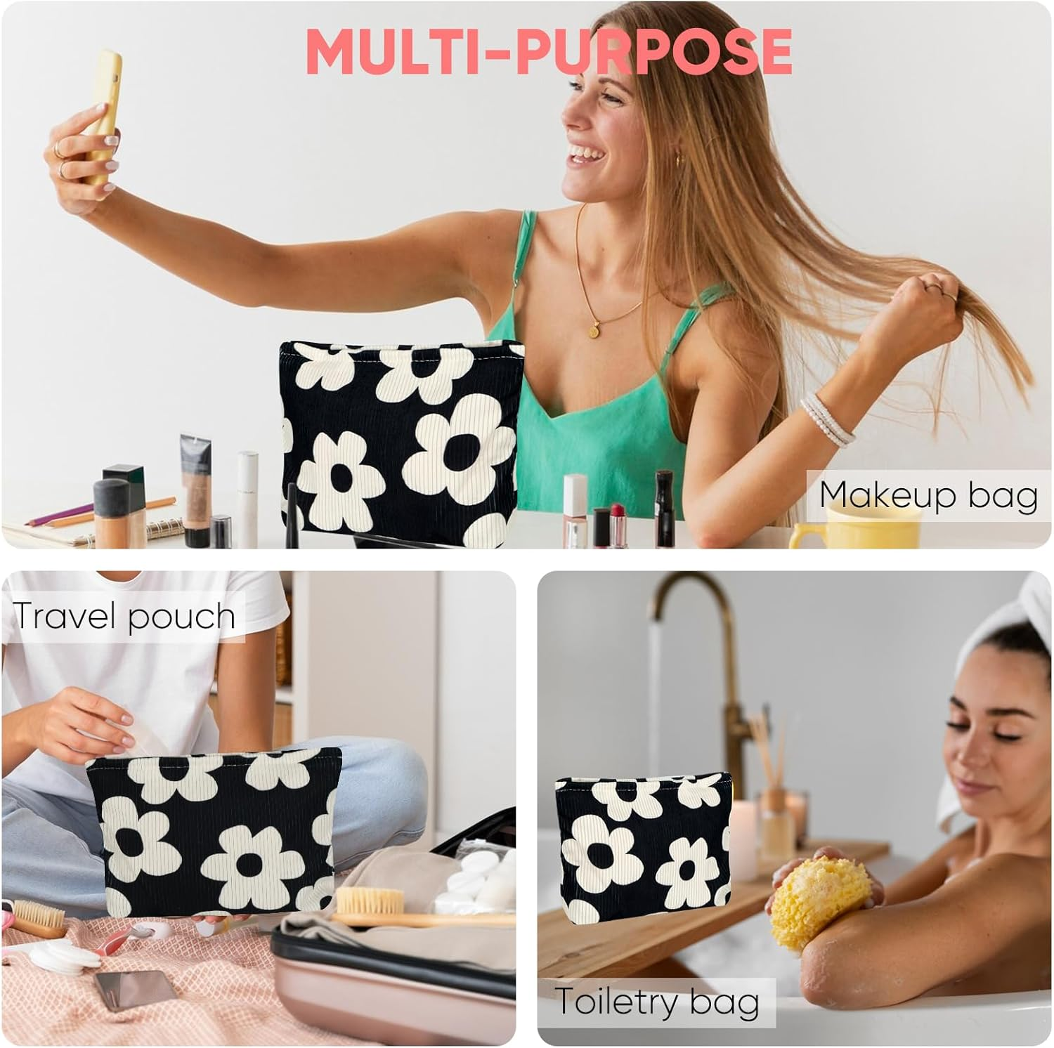 Ksriylm Cute Makeup Pouch for Women Flower Small Make up Bag for Purse Zipper Initial Cosmetic Bags Pouches for Purse Aesthetic Travel Toiletrybags Gift,Black White Floral image number 4