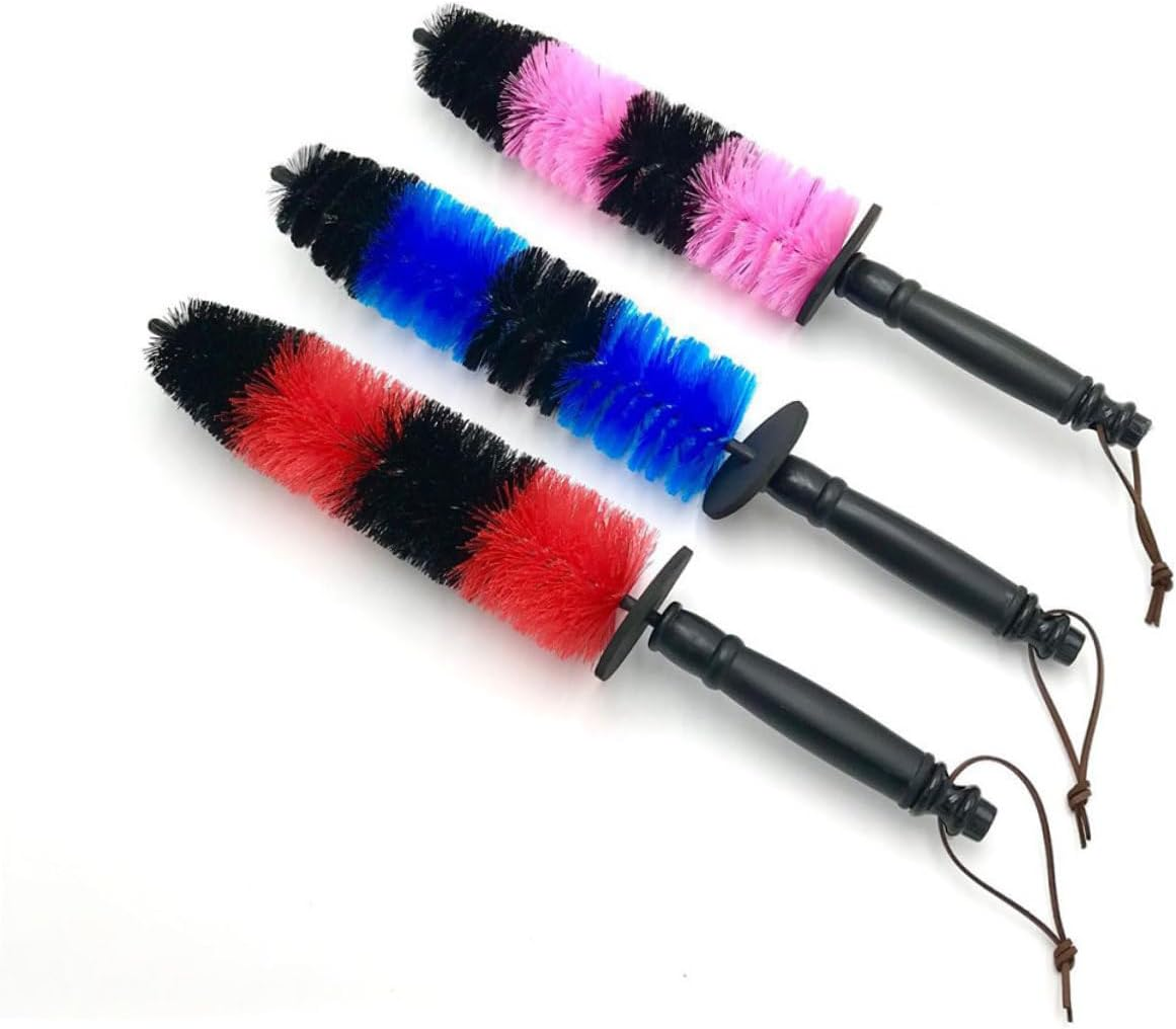 GRIRIW 3-Pcs Wheel Cleaning Brush Set with Red Elastic Bristles and Extended Rim Wire Design for Car Tire and Rim Care, Sturdy Tire Cleaning Brushes for Automotive Detailing and Wheel Maintenance