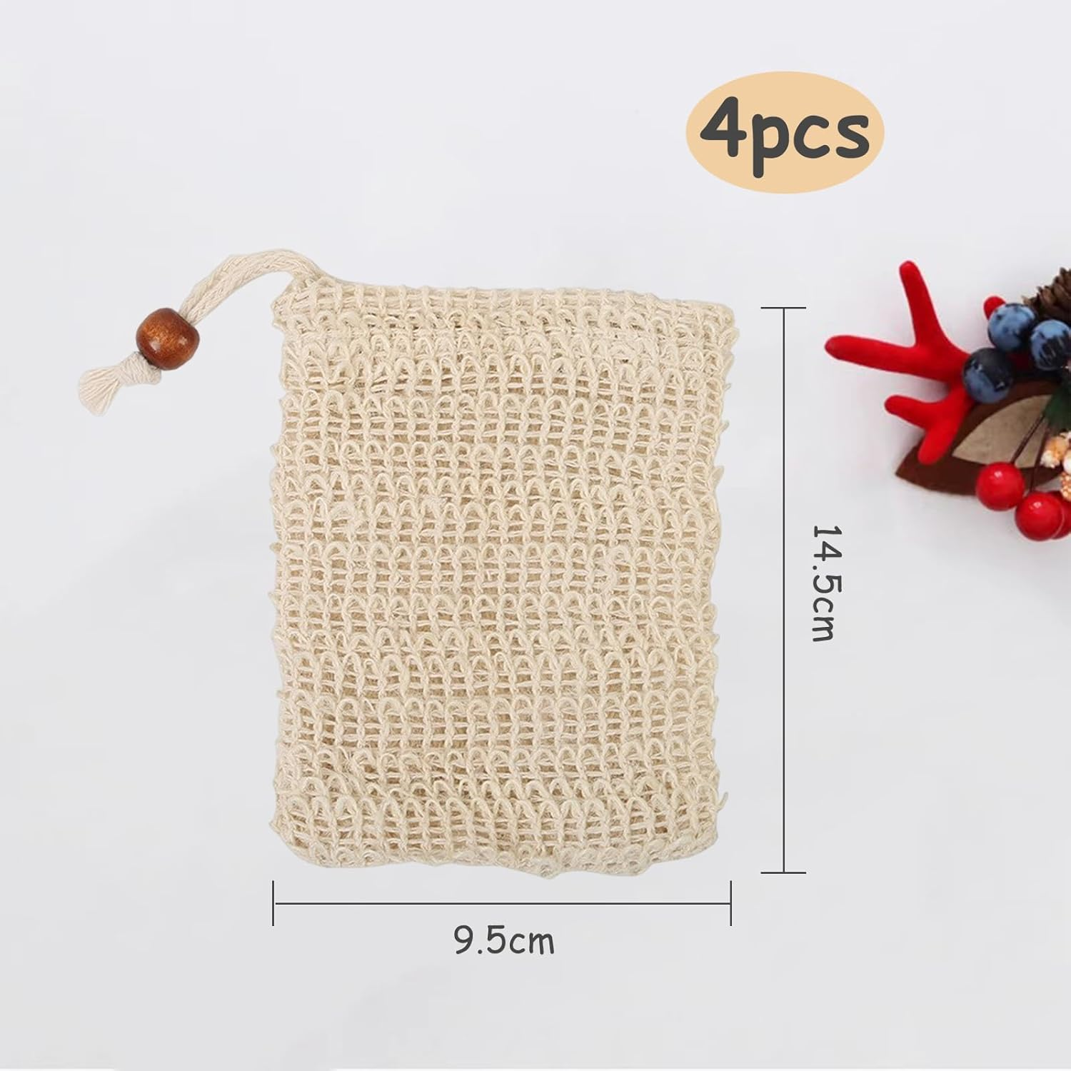 RIBHNXHI 4 Pack Soap Bag, Natural Sisal, Exfoliating Body Scrub Container for Bathroom, Plastic-Free Soap Saver, Quick-Drying Mesh Pouch with Hanging Loop Holder