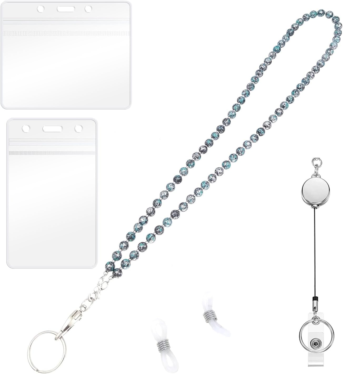 LABUBU Lanyard for ID Badges Holder, Beaded Cute Lanyard for Keys Neck Lanyards for Glasses Chain Strap for Women (Turkish Silver and White Bicolor Set) image number 4