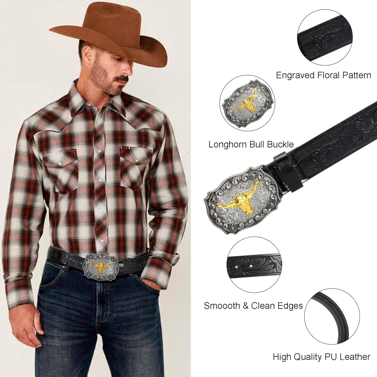 Men Women Western-Cowboy-Belt PU Leather Floral Engraved Bull Buckle-Belts for Jeans (For 27" to 41" Waist)