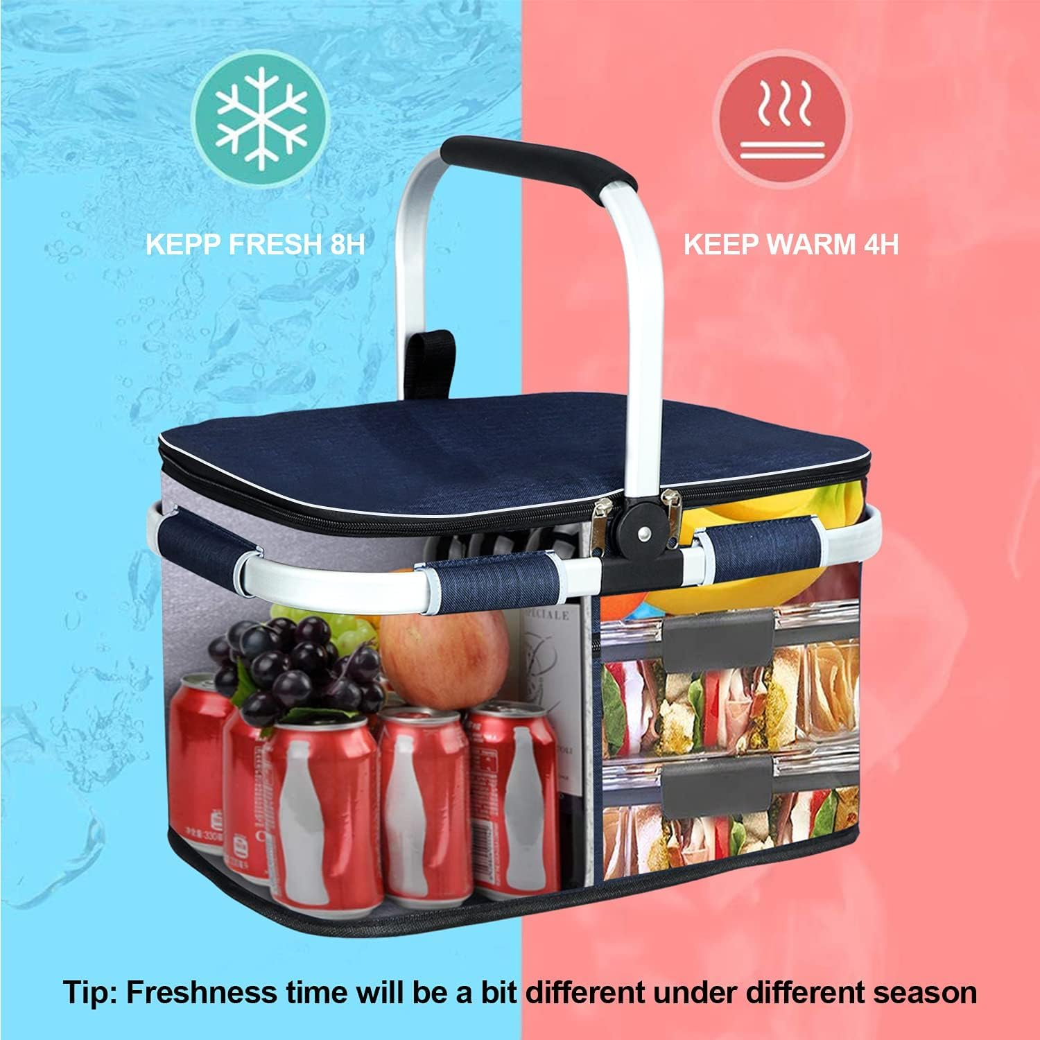 Insulated Picnic Basket - Foldable Cooler Bag with Aluminium Frame & Soft Grip Handle - Collapsible Grocery Basket, Market Tote, Lunch Bag for Family Picnics & Shopping image number 2