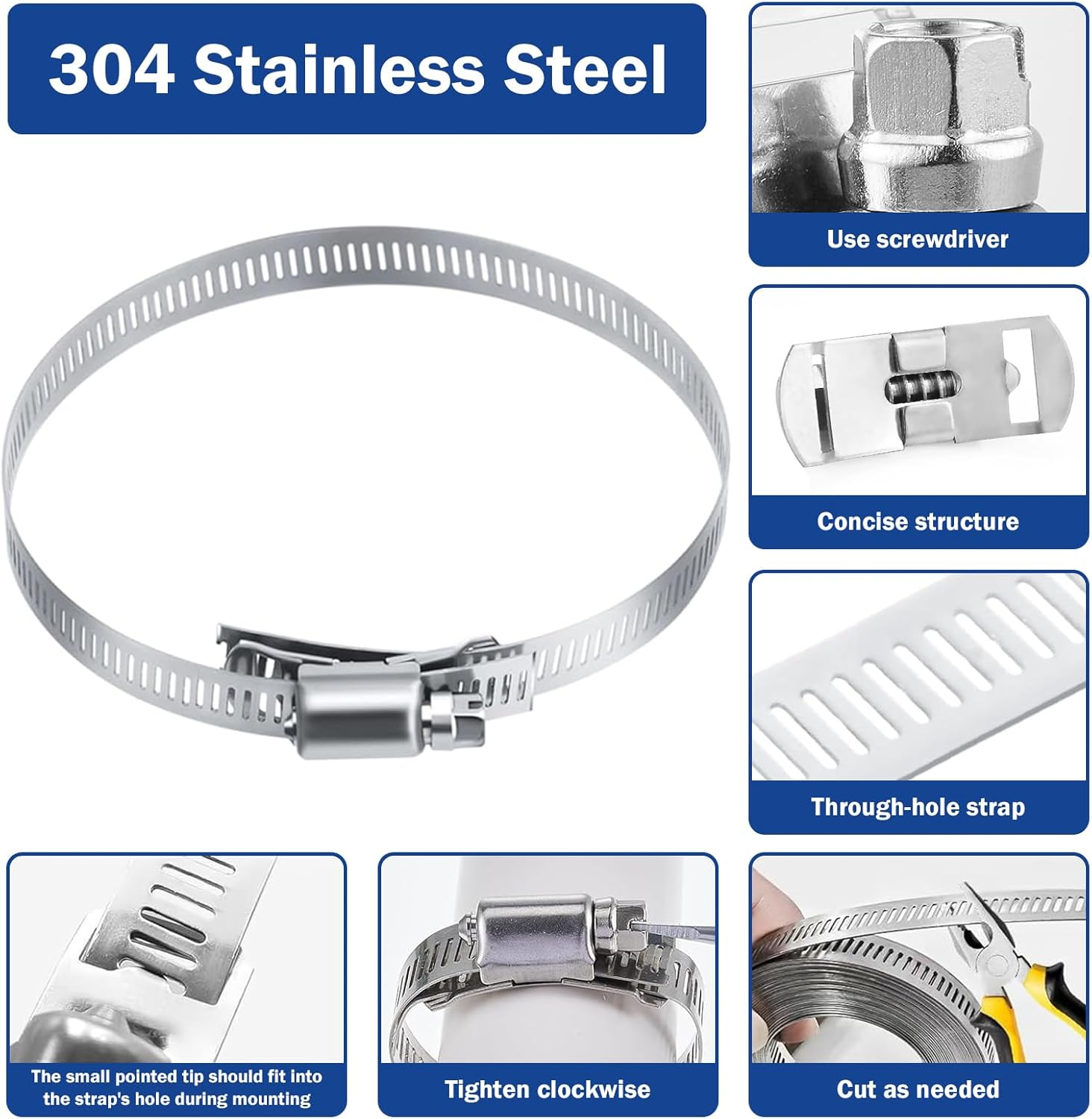 Hose Clamp Set, 4M Heavy Duty Metal Strapping with Holes & 8 Fasteners, Large Adjustable Worm Gear Hose Clamps Stainless Steel Pipe Clamps, Band Clamp for Automotive, Mechanical Applications (1+8) image number 4