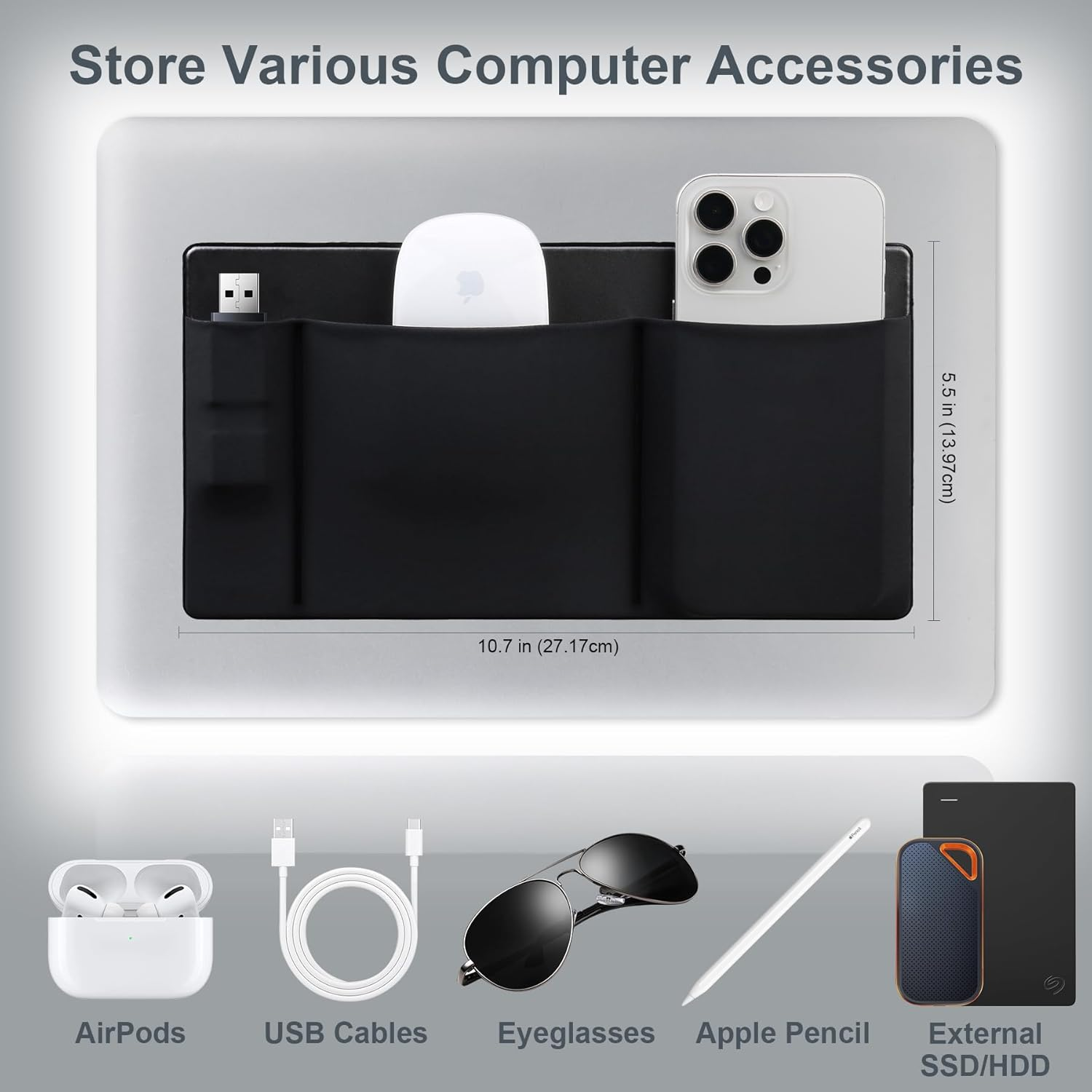 Lacdo 3-Pocket Mouse Holder for Laptop Stick On, External Hard Drive SSD Holder for Laptop, Stick on Pouch Organizer Adhesive Pocket Storage Sleeve for Mouse/Hdd/Ssd/Cables, Computer Accessories,Black image number 6