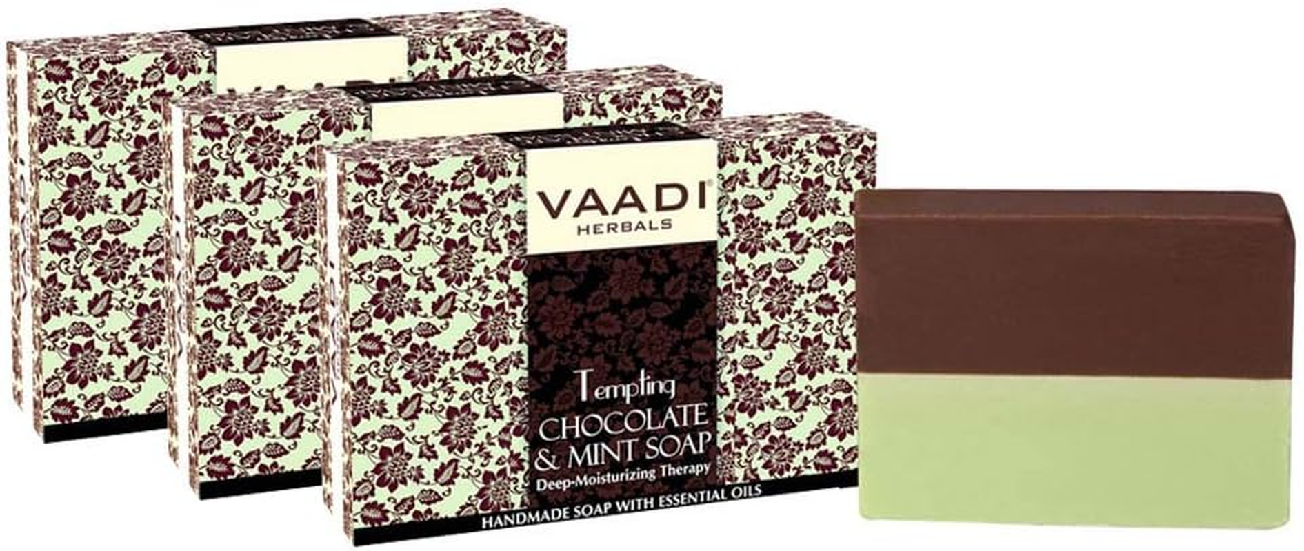 Chocolate and Mint Bar Soap - Deep Moisturising Therapy - Handmade Herbal Soap with 100% Pure Essential Oils - ALL Natural - Each 2.65 Oz - Pack of 3 (8 Oz) - Vaadi Herbals