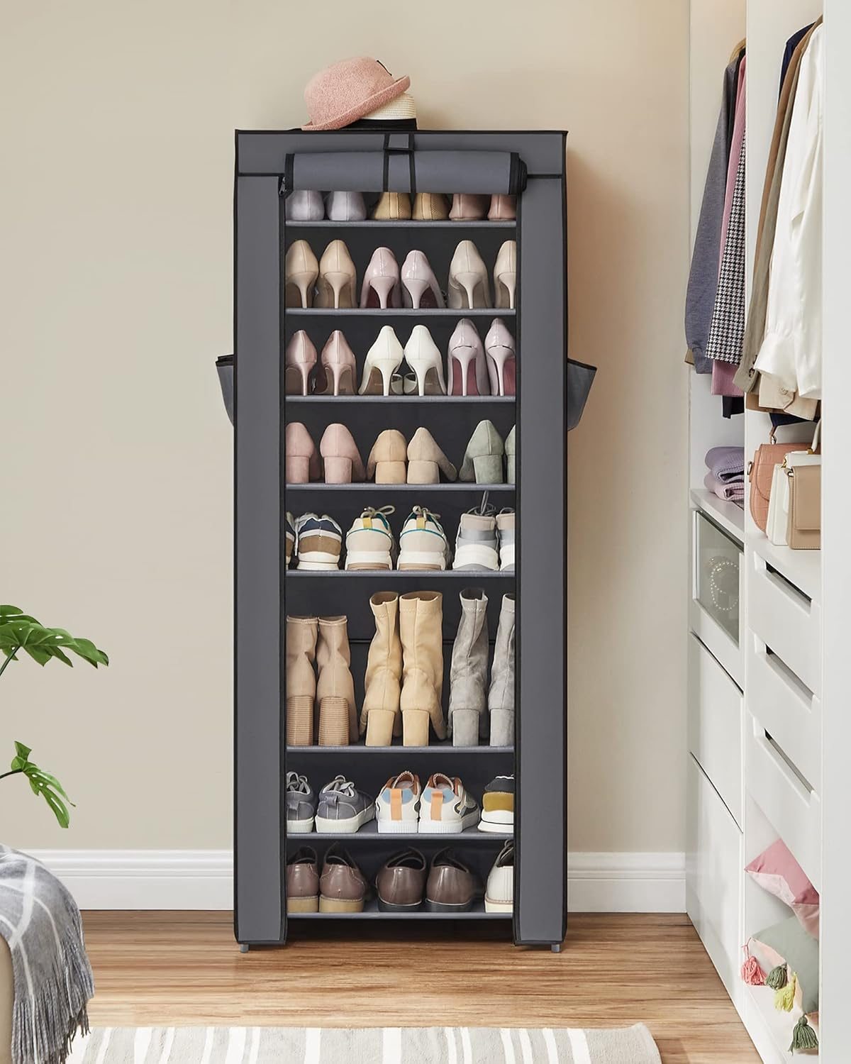SONGMICS Shoe Rack, 9 Tier Shoe Organizer with Nonwoven Fabric Cover, Shoe Storage Shelf for 27-35 Pairs of Shoes, Entryway, Suitable for Sneakers, High Heels, Flats, and Boots, Grey URXJ10G