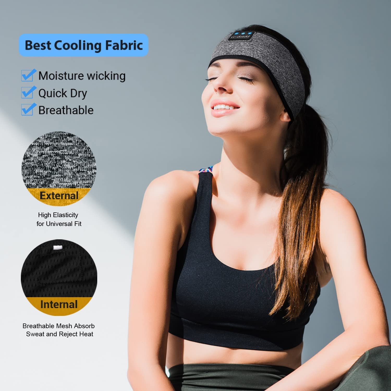 Lc-Dolida LC004 Wireless Bluetooth Headband Headphones, Grey, 9Hrs Playtime, 2Hrs Quick Charge, Sleep Mask with Mic image number 1