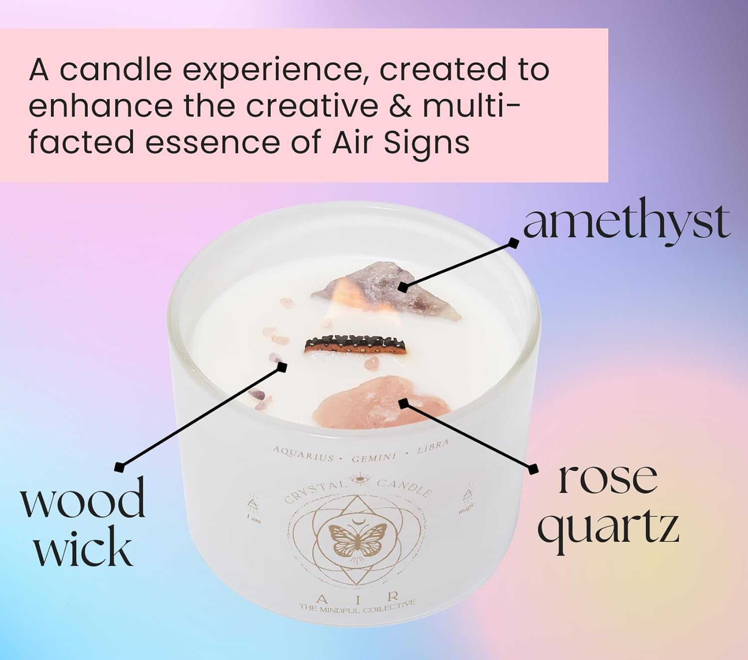 Gemini, Libra, Aquarius Scented Candle Gifts for Women - 340G Wood Wick Candles That Crackle for Home Decor. Birthday Gifts for Women, Zodiac Astrology with Crystals and Healing Stones image number 5