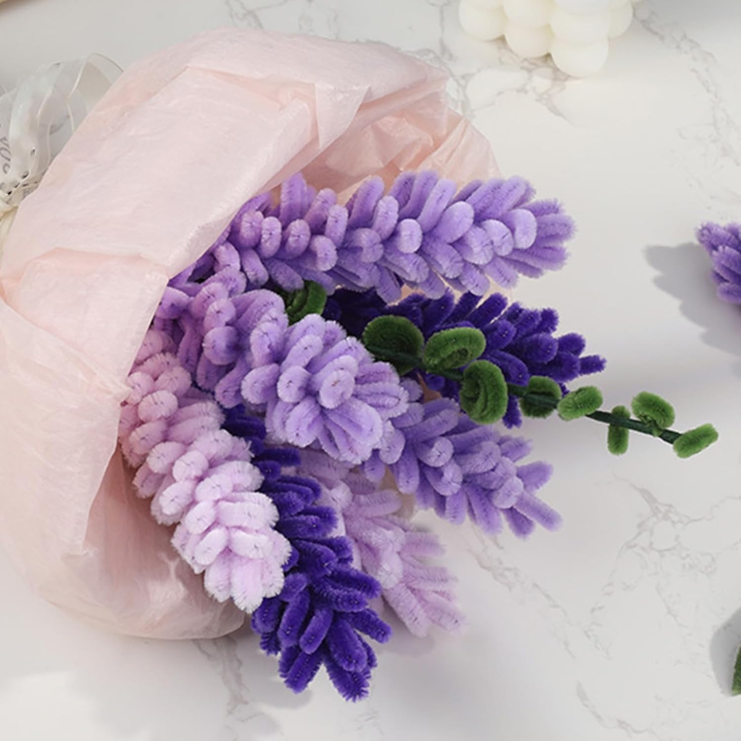 Fwqofvk Pipe Cleaner, Twisted Stick Bouquet with Tubular Cotton Swab Flower Stalk Gardening Tape Ribbon Creative DIY Kit, for DIY Art and Craft Creative Gift Party Decorations 30Cm (Purple) - Pink image number 6