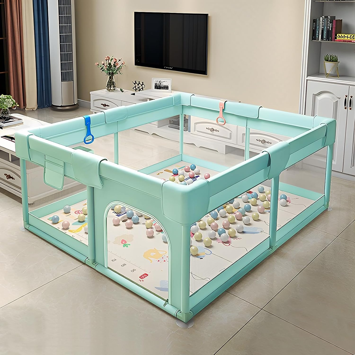 Sulishang Baby Playpen, 127X127X66Cm Baby Playard, Playpen for Toddler with Zip Gate, Indoor & Outdoor Kids Activity Center, Safety Play Yard with Soft Breathable Mesh, Green (No Mat) image number 2