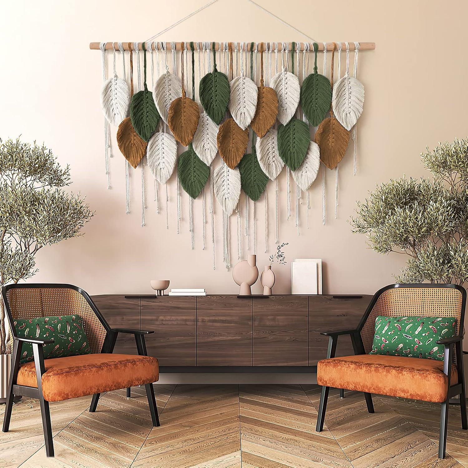KHOYIME Large Macrame Wall Hanging Boho Woven Tapestry, Chic Home Decor Modern Bohemian Handmade Leaf Feather Wall Art Decorations for Apartment Dorm Living Room Bedroom Nursery Backdrop 39"W X 29.5"L