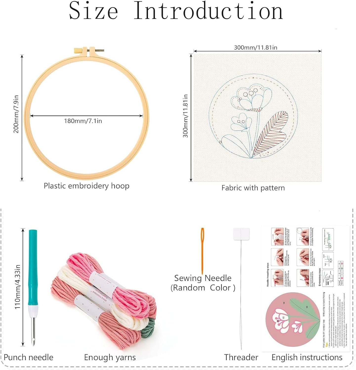 Punch Needle Embroidery Starter Kits for Kids and Adults Beginners, Include Instructions, Punch Needle Fabric with Floral Pattern,Punch Needle Tool with Pre-Print Fabric，Hoops, Yarns（Flower）