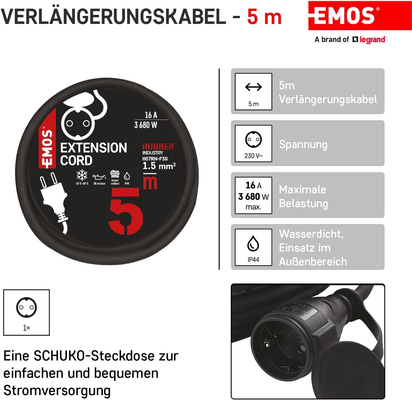 EMOS 5M Schuko Extension Cable Rubber Extension Cable for Outdoor Use IP44 H07RN-F3G 1.5Mm2 image number 5