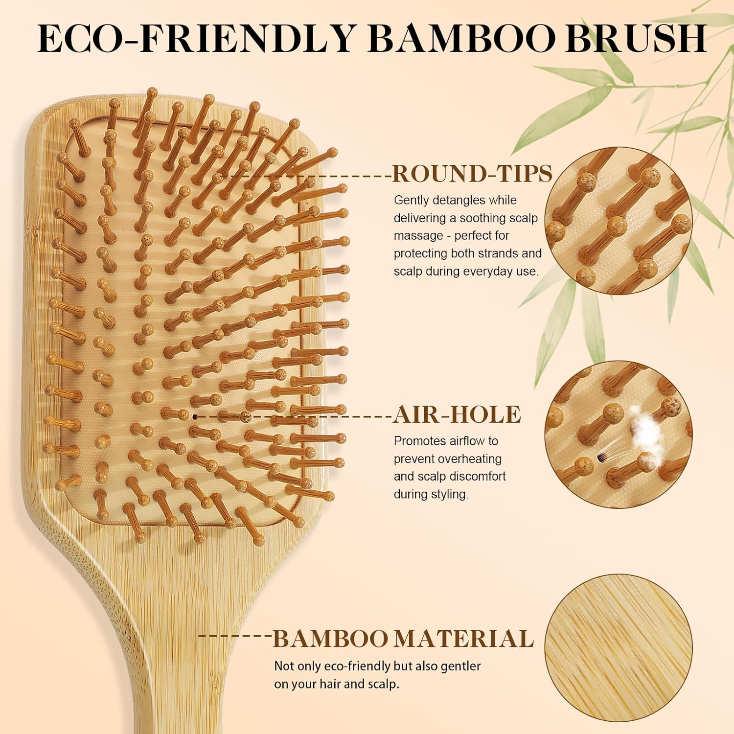 HEYMKGO Hair Brush Set, 5Pcs Natural Bamboo Paddle Detangling Brush for Women and Men, round Brush, Wide-Tooth and Tail Comb with 2 Size Brush - Reduce Frizz, Travel & Family-Friendly Hair Care Kit image number 2