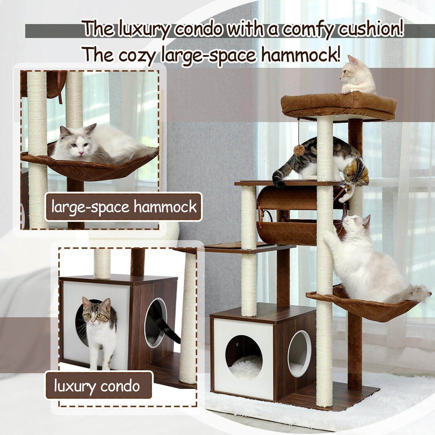 PAWZ Road Cat Tree Cat Scratching Post with a Large Hammock Play Tower, Play Tunnel Wooden Furniture Cat Stand 130Cm Brown image number 3