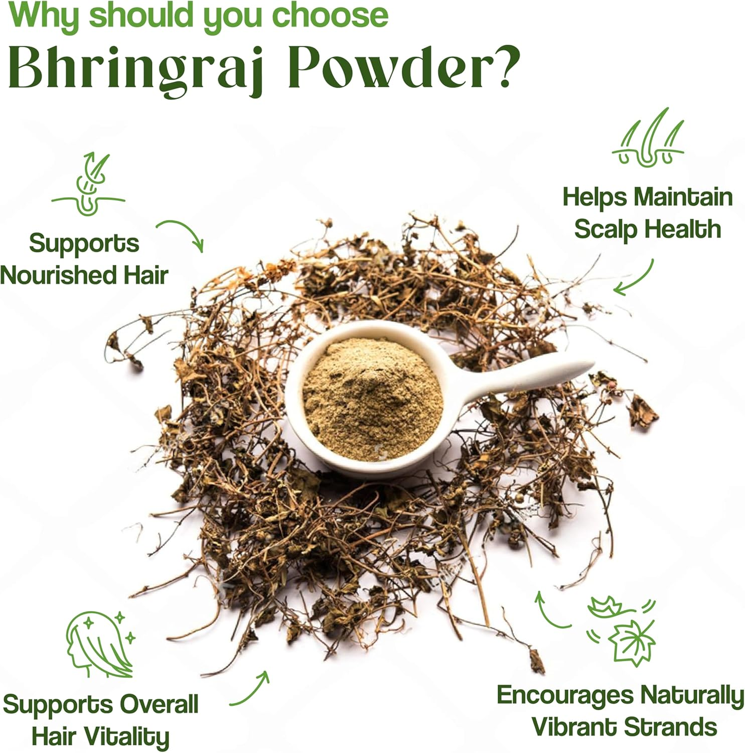 H & C- 100% Natural Bhringraj Powder for Hair (227G / 0.5 LB/ 240Ml) - Hair Growth Rejuvenator from Indian Ayurveda image number 2